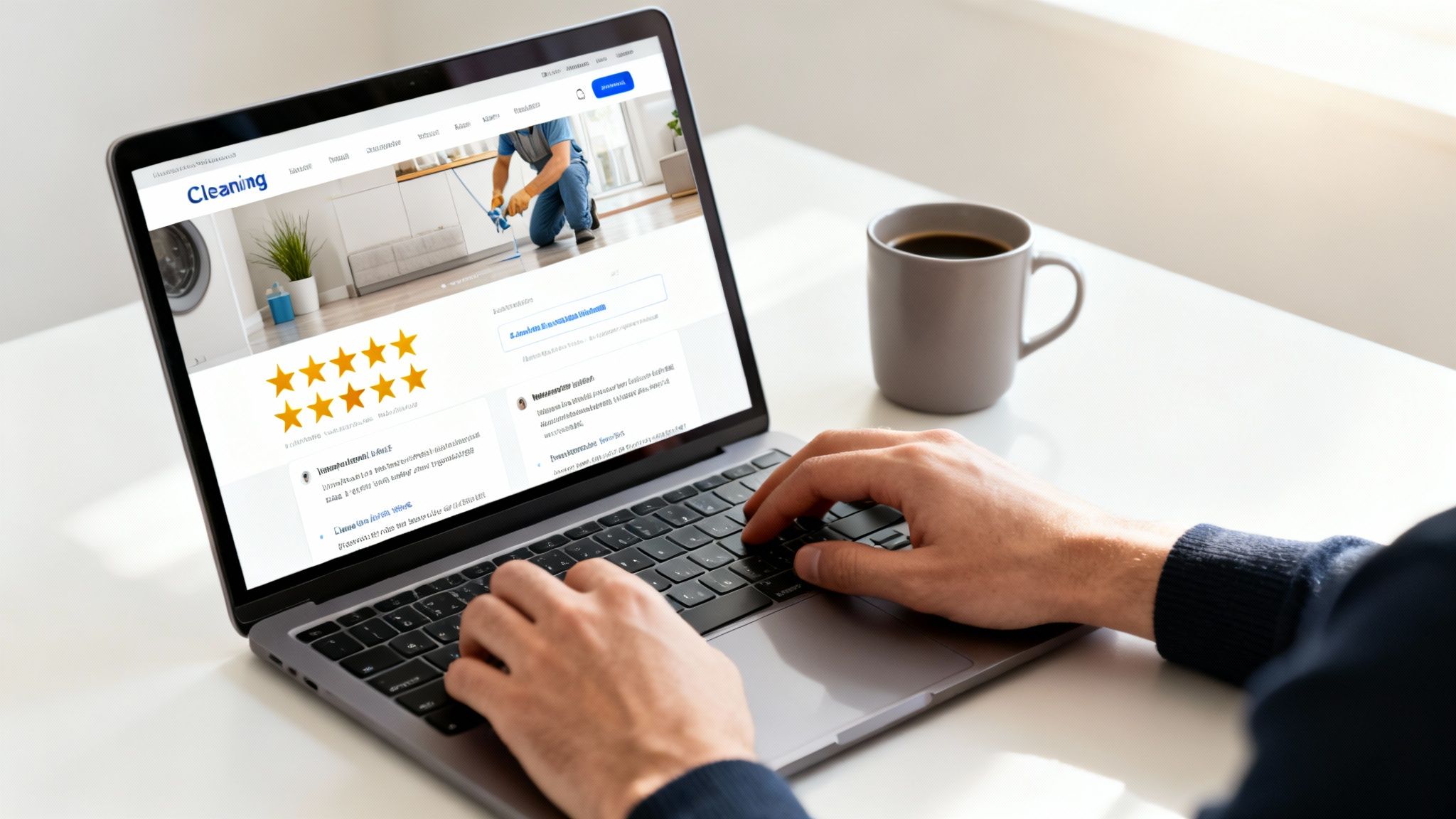 Person using a laptop showing a cleaning services website with high ratings, a professional cleaner, and a coffee cup.