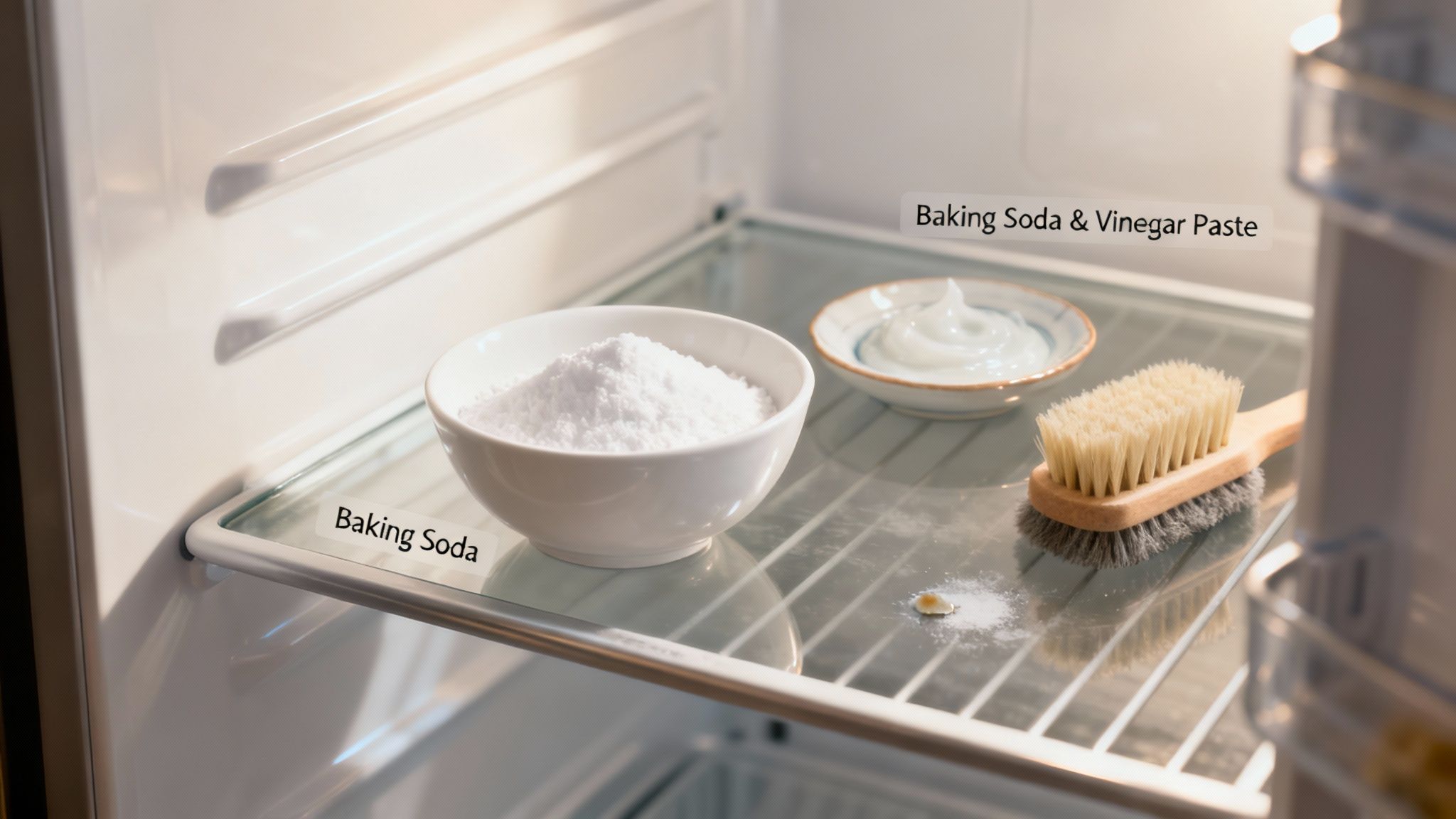 Inside a clean refrigerator, displaying baking soda, vinegar paste, and a brush for natural cleaning.
