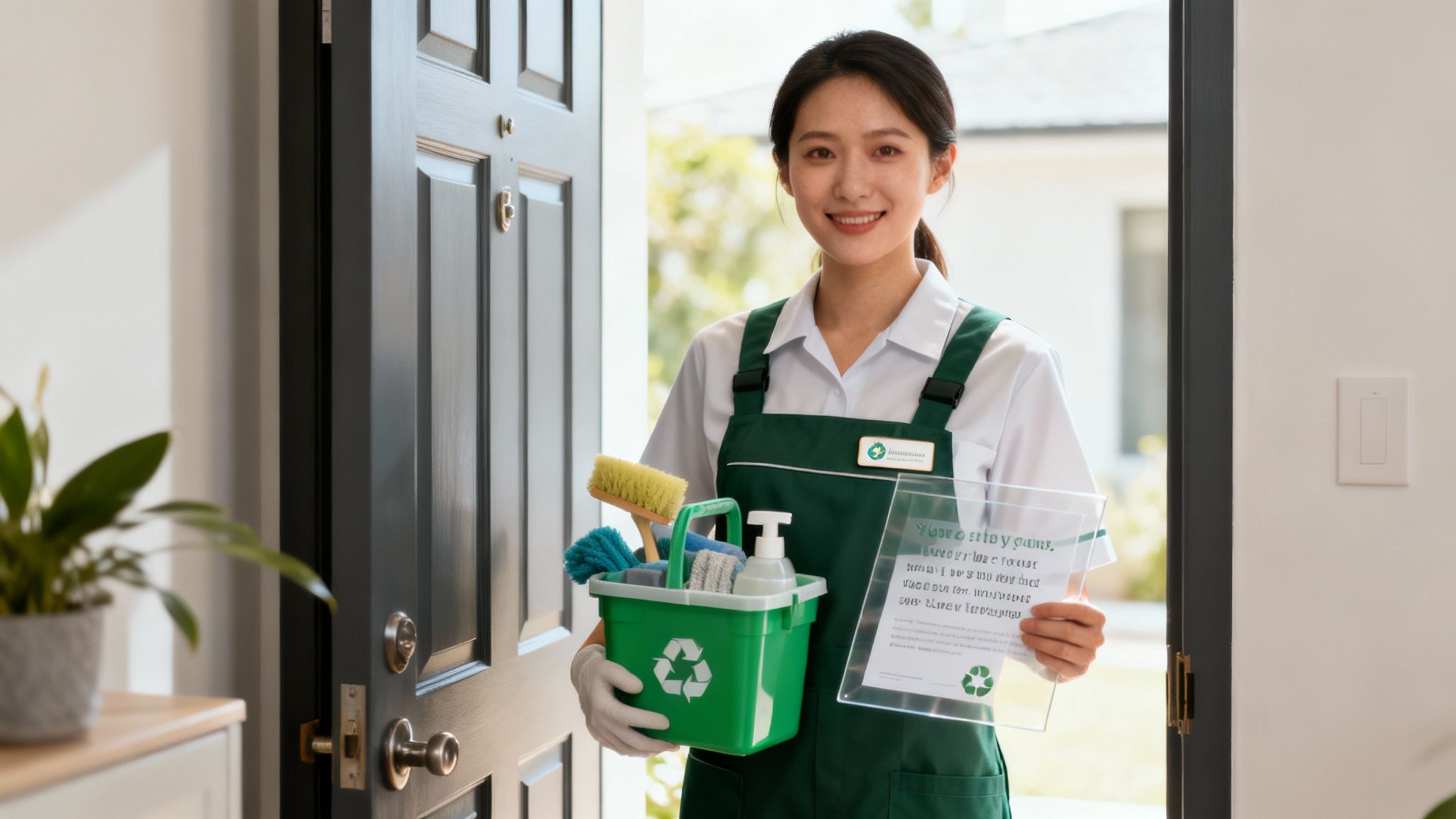 A smiling professional cleaner in uniform holds eco-friendly cleaning supplies and a document.