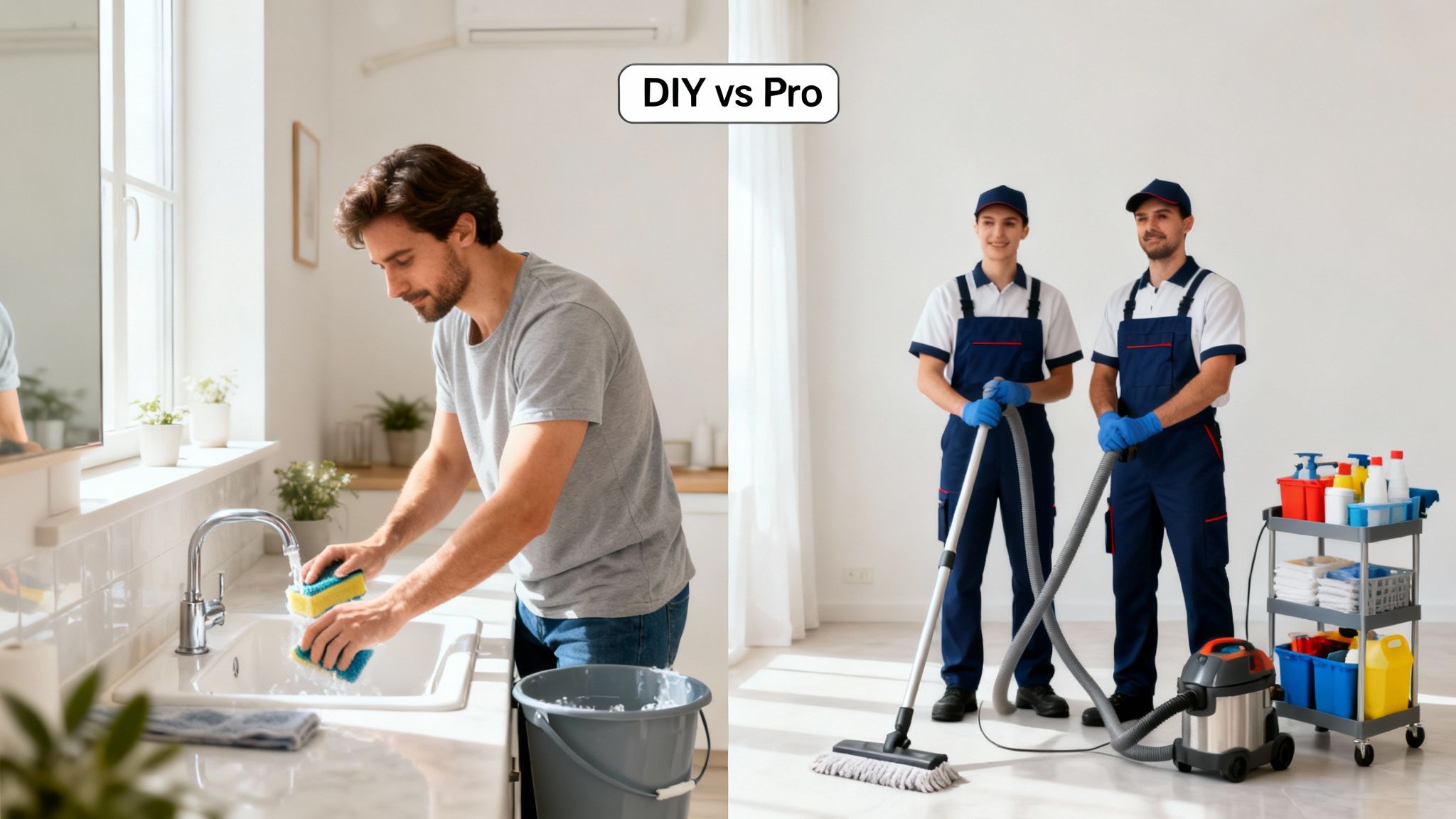 A man cleaning a sink and two professional cleaners with equipment, illustrating DIY versus professional cleaning.