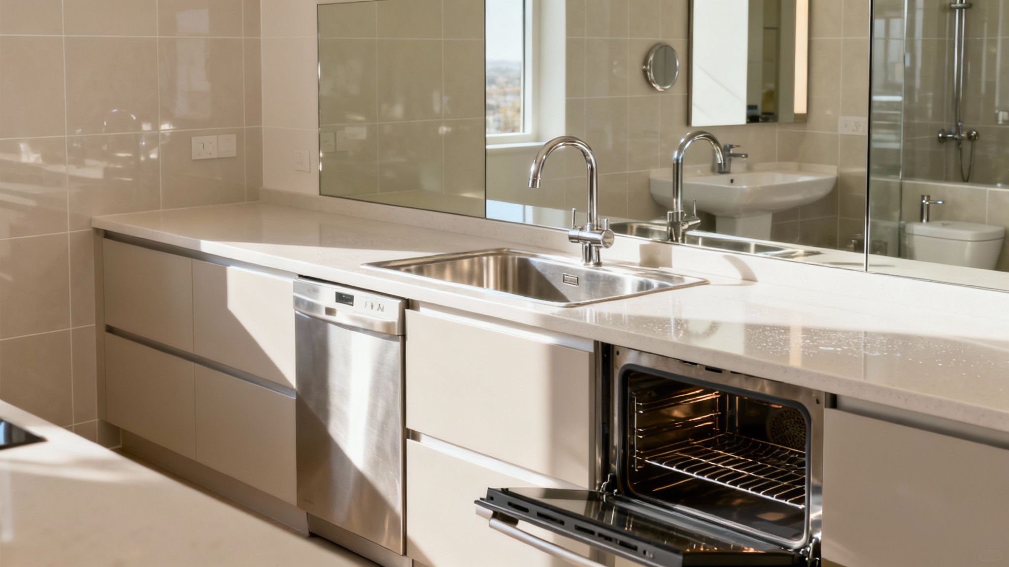 A bright, clean kitchen with sparkling countertops and appliances.