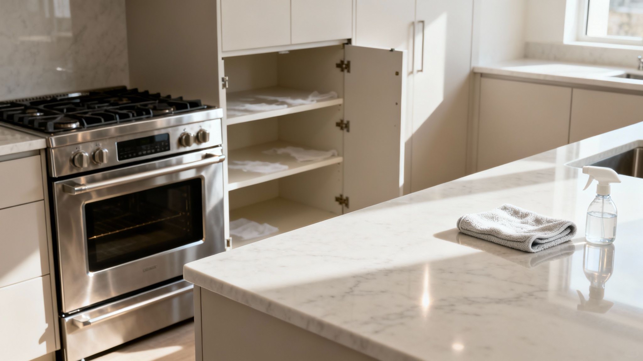 A modern kitchen being cleaned with a spray bottle and cloth on a marble counter.