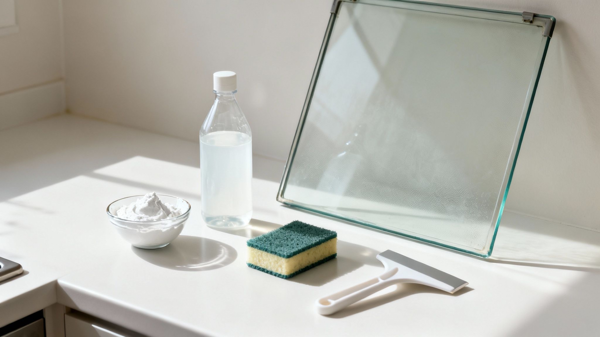 Cleaning supplies like baking soda, vinegar, sponge, and scraper on a counter with a glass pane.