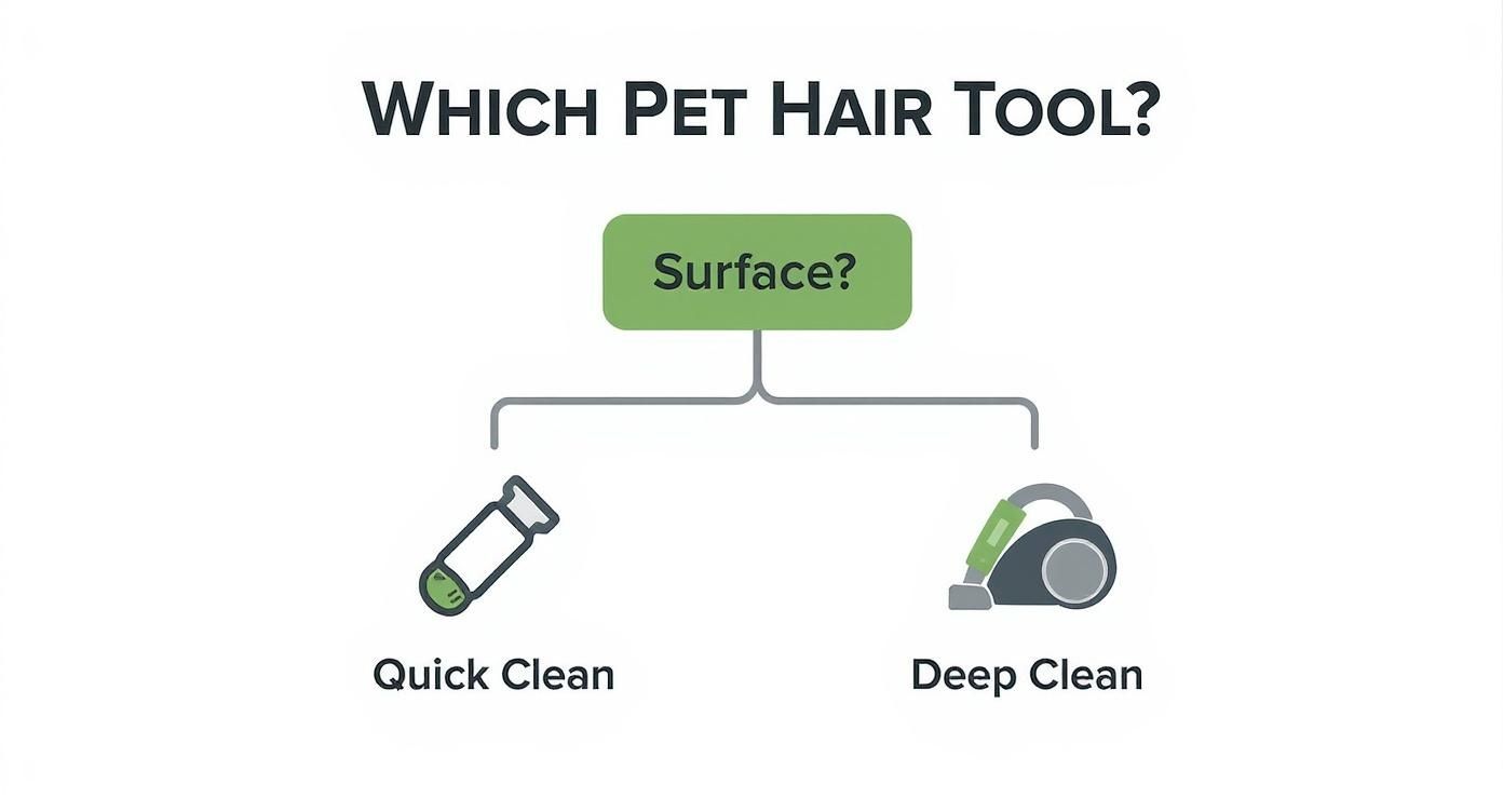 Decision flowchart showing two pet hair removal tool options: quick clean lint roller and deep clean vacuum