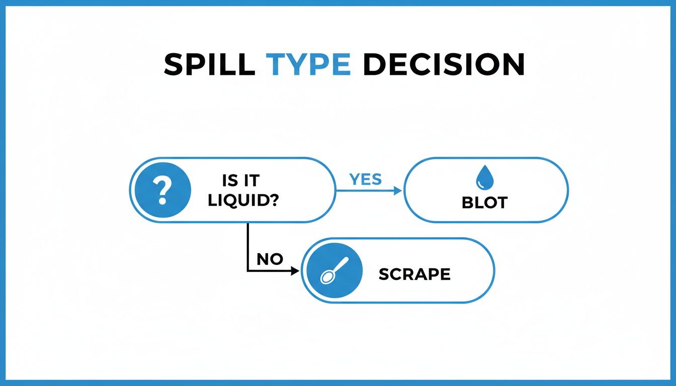 A flowchart demonstrating how to address different spill types, instructing to blot liquids and scrape solids.