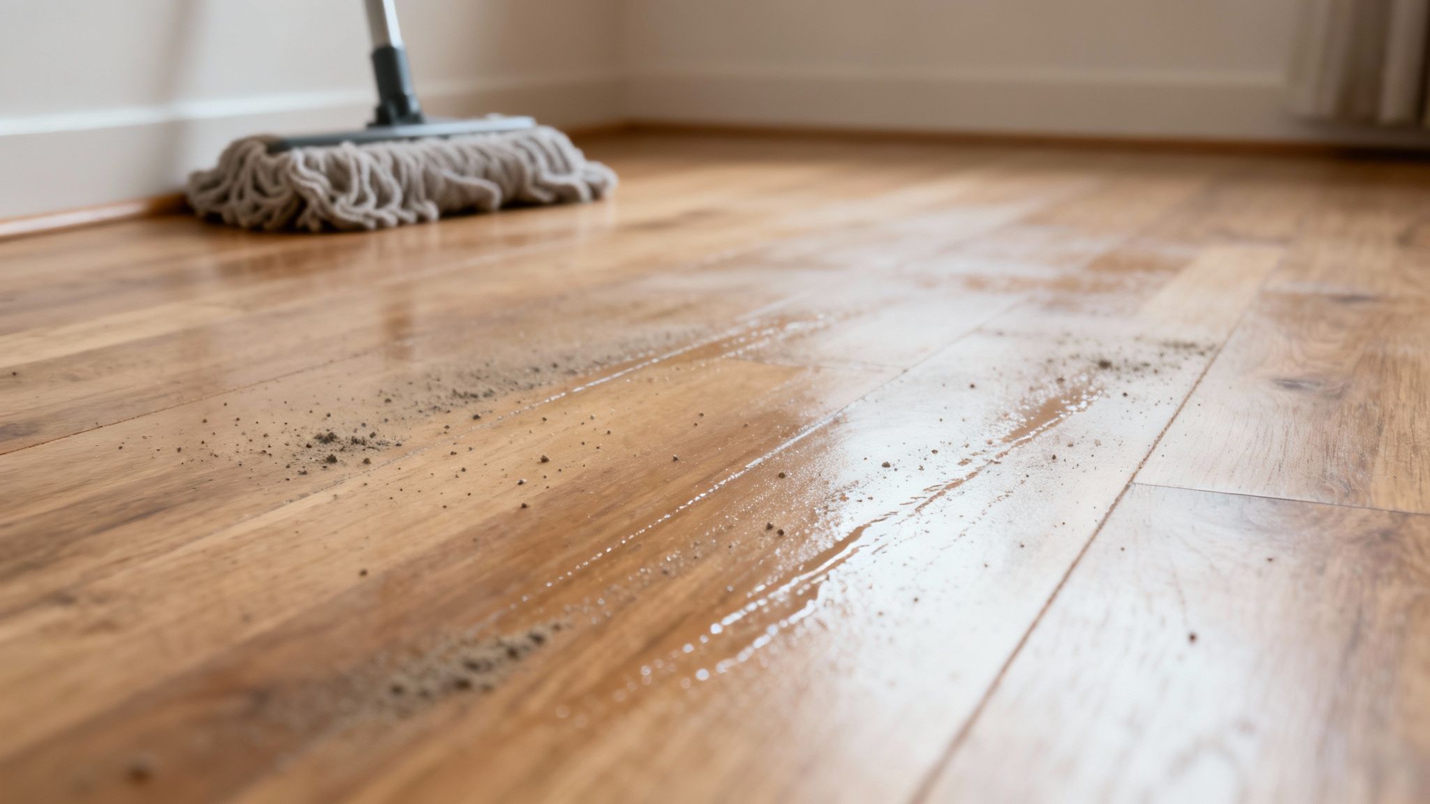 A mop head rests on a wet, dirty wooden floor with visible soil and water streaks.