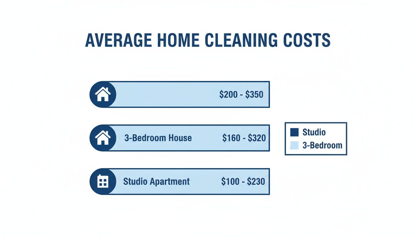 Infographic illustrating average home cleaning costs for different home types and their price ranges.