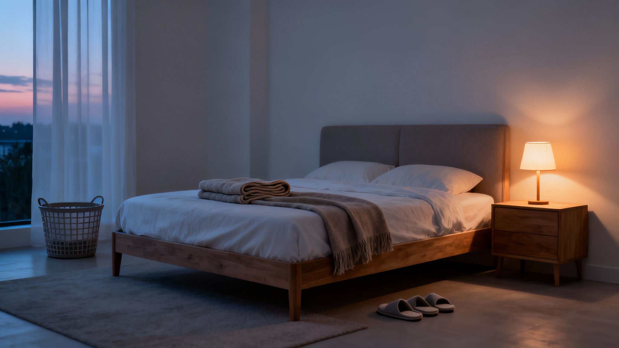 A cozy bedroom at twilight with a bed, warm blankets, and a glowing bedside lamp.