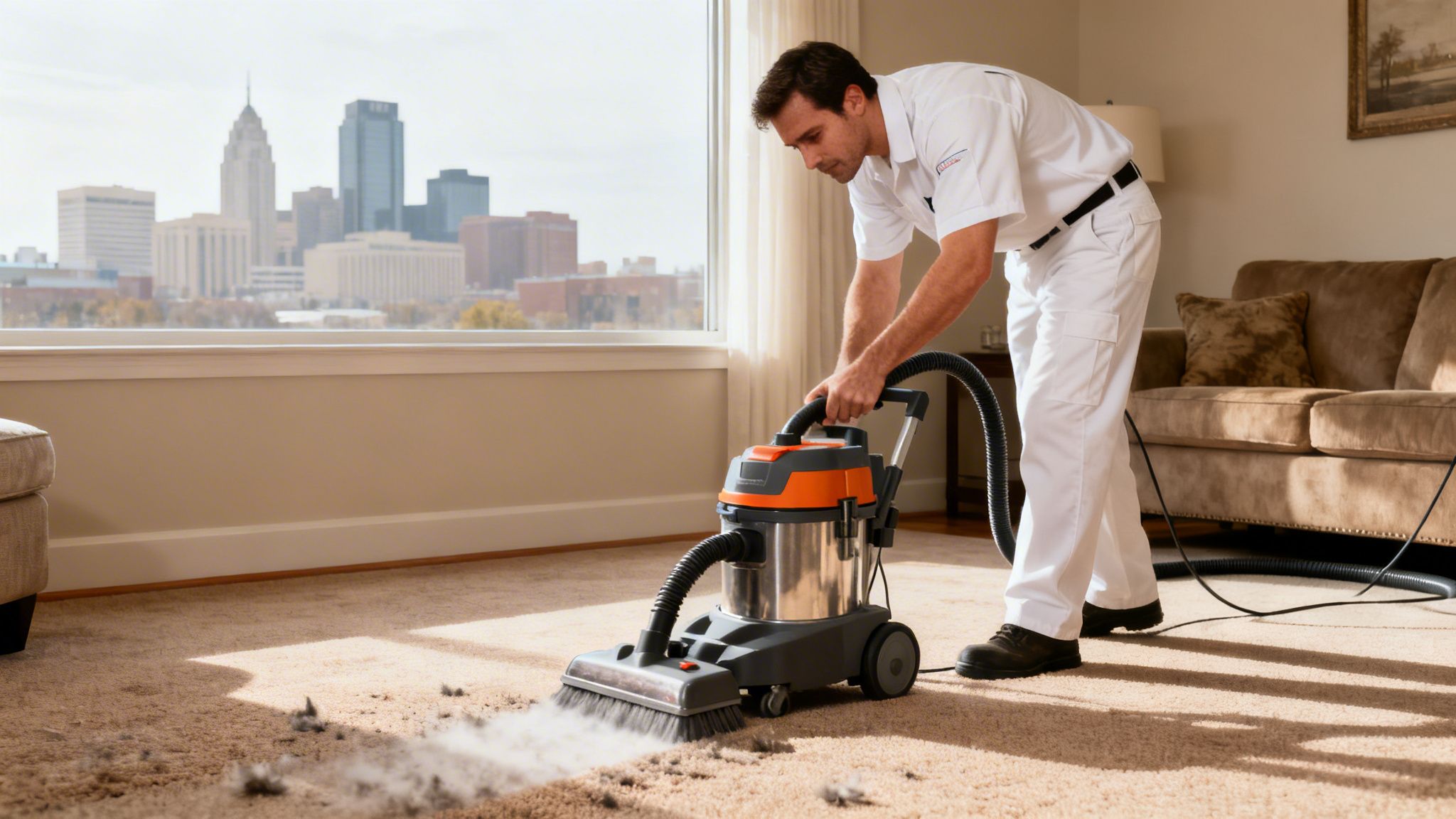 A professional carpet cleaner uses a powerful vacuum to remove a large amount of pet hair from a beige carpet.