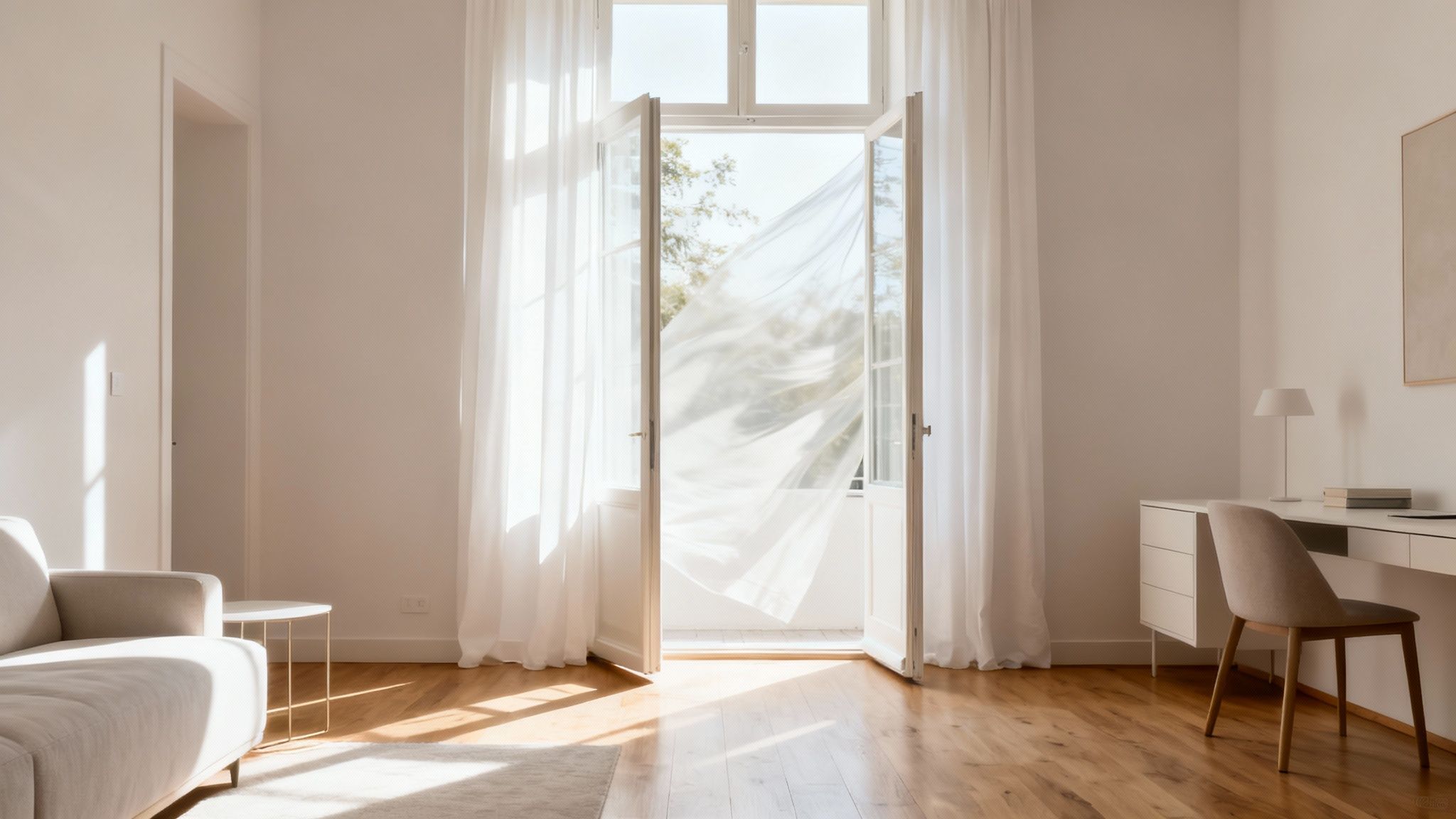 A serene, sunlit room with open balcony doors, white sheer curtains gently blowing, and clean decor.