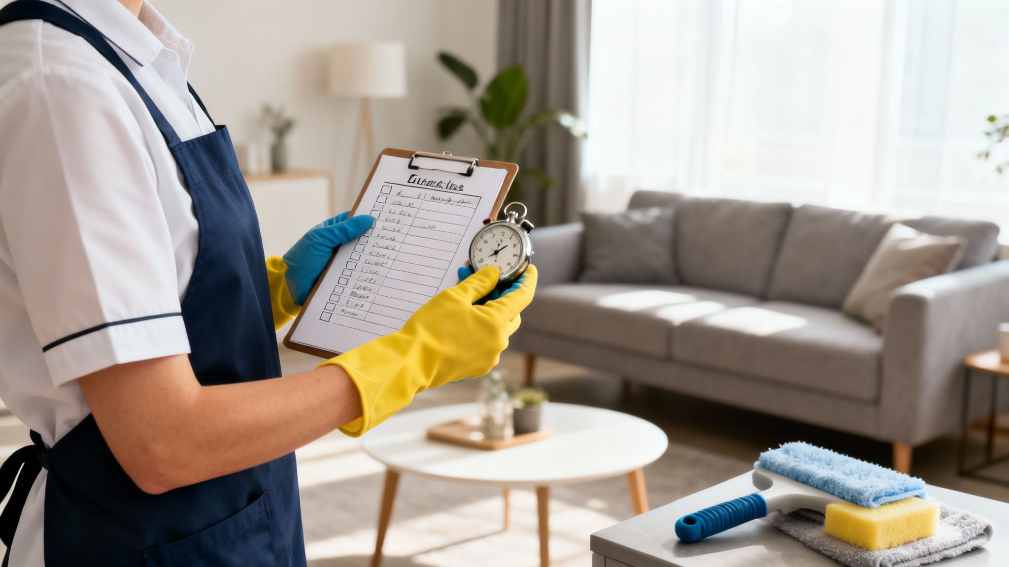 A cleaner in uniform and gloves holds a cleaning checklist and stopwatch in a bright living room.