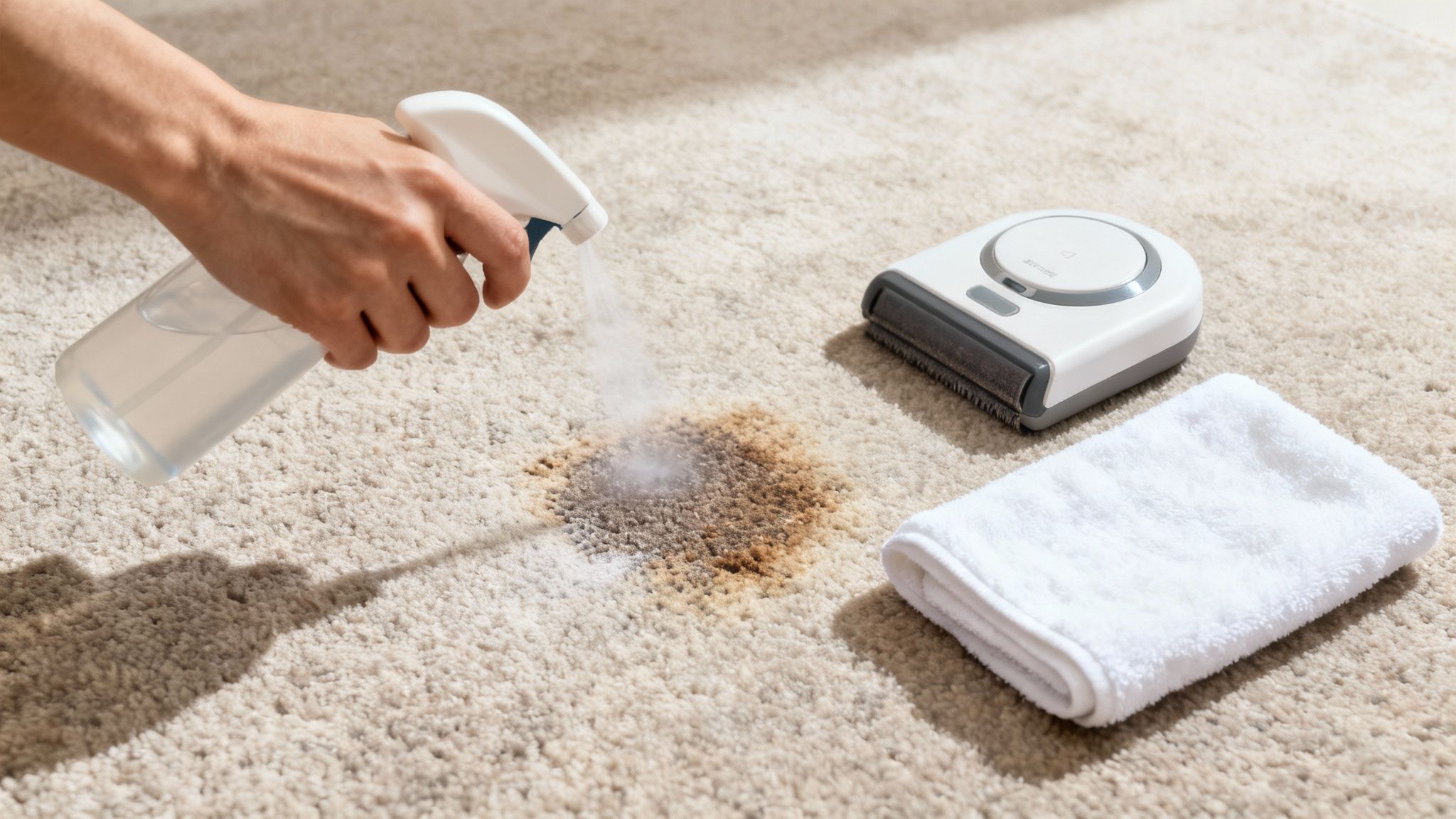 A hand sprays cleaning solution on a brown stain on a beige carpet, with a brush and towel.