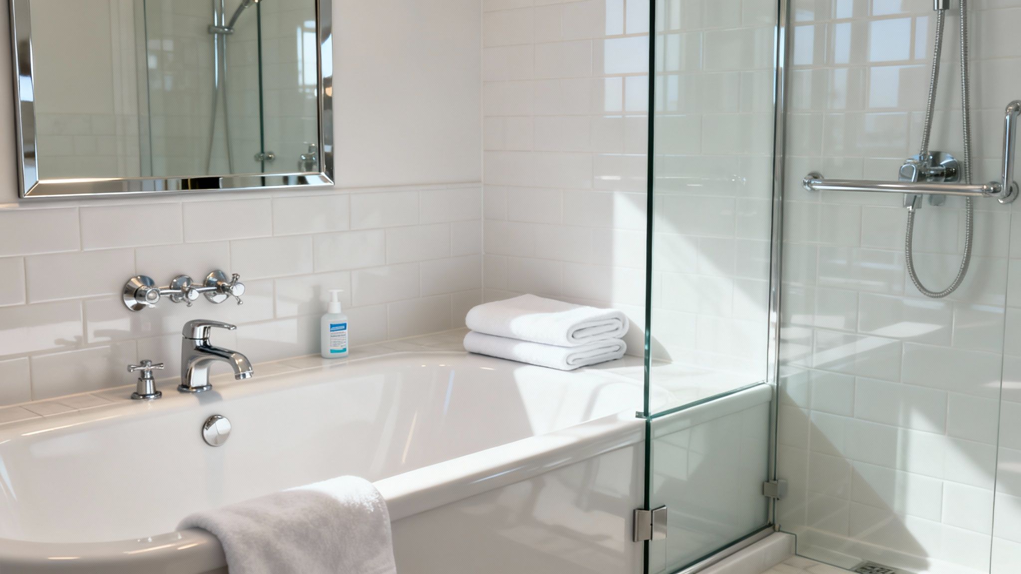 Clean white bathroom with a bathtub, shower, mirror, chrome fixtures, and folded towels.