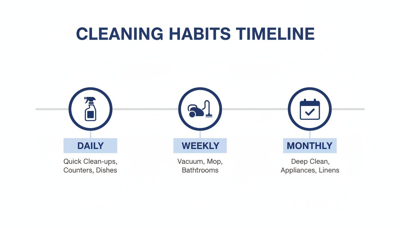 A cleaning habits timeline infographic detailing daily, weekly, and monthly cleaning tasks with icons.