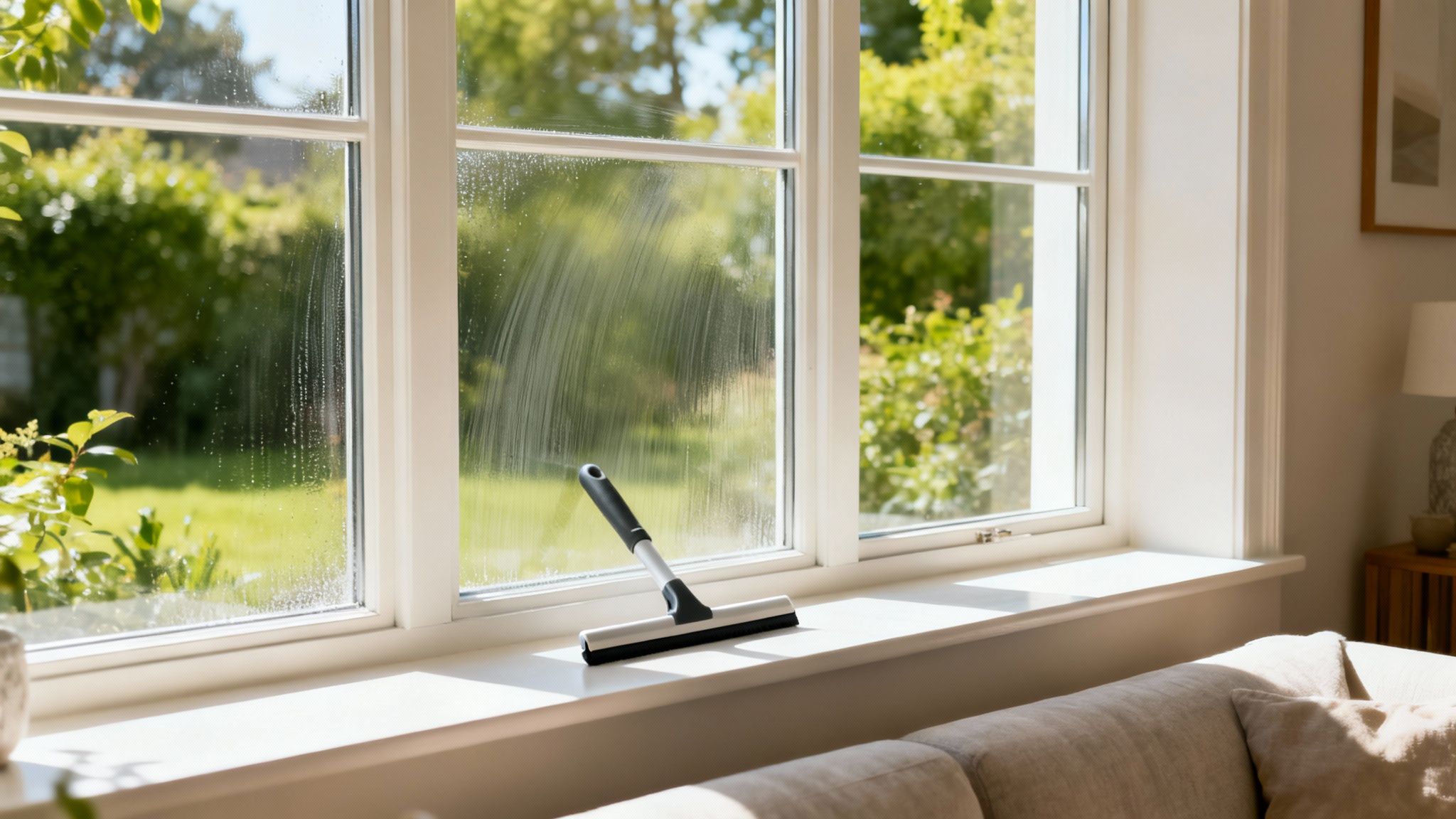 A window being cleaned with a squeegee on the sill, showing streaks and a green garden outside.