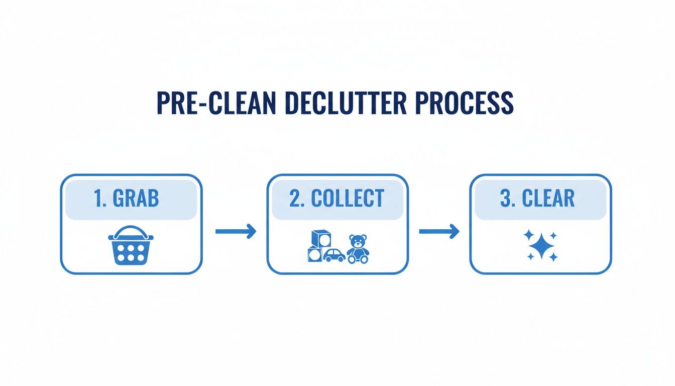 Infographic showing a 3-step pre-clean declutter process: Grab, Collect, Clear, with icons.