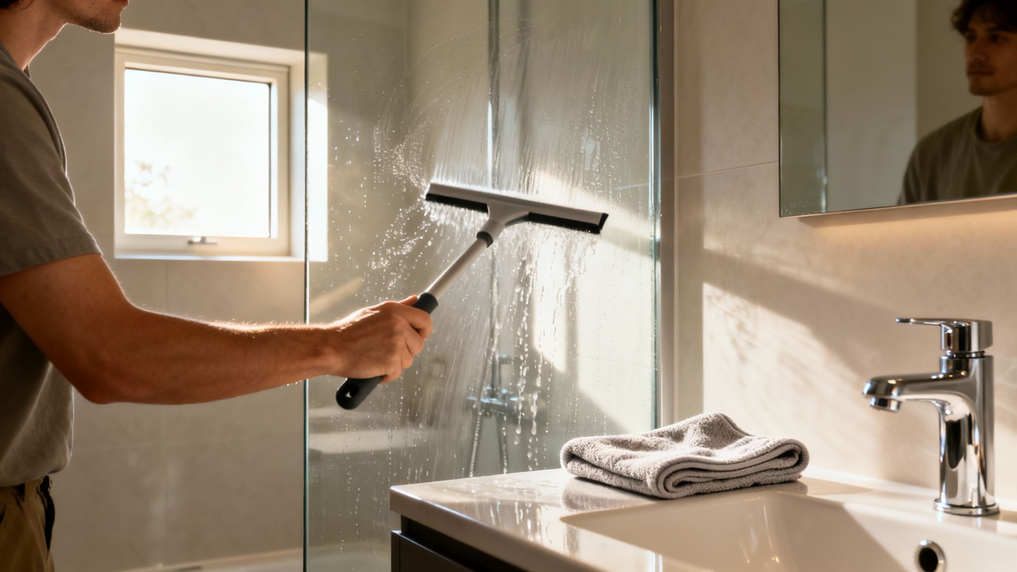 A man in a t-shirt cleans a wet glass shower door with a squeegee in a modern bathroom.