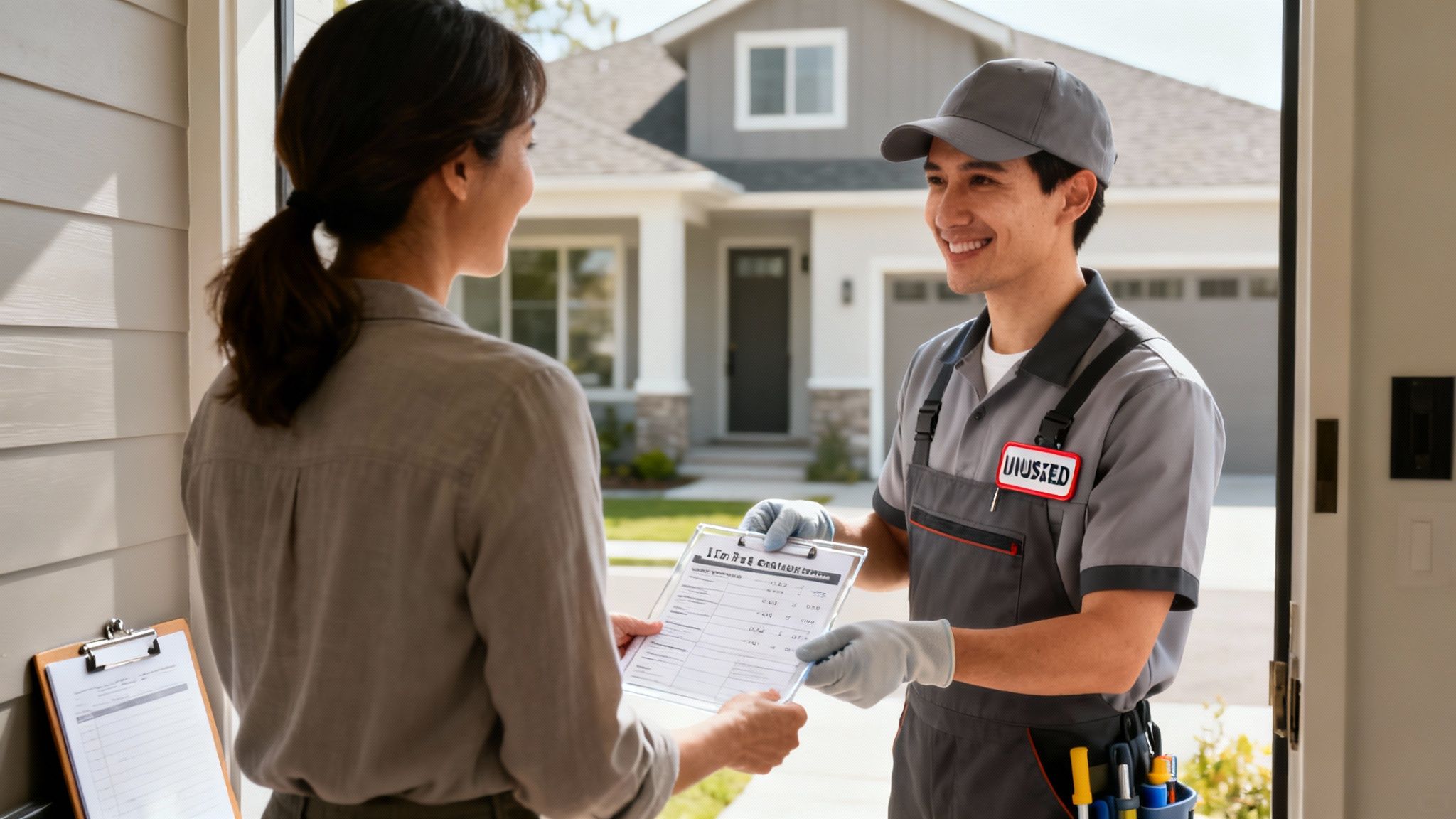 A smiling service technician hands a clipboard to a woman at her home's doorstep.