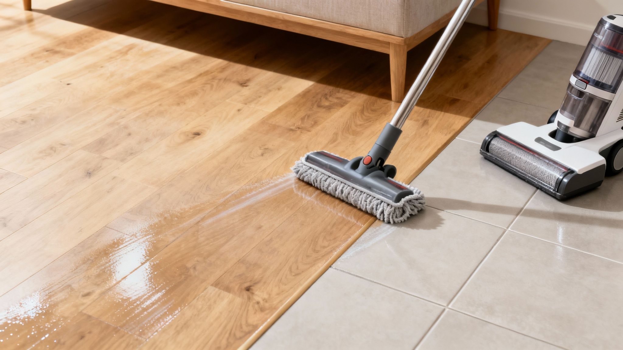 A mop cleans a light wooden floor, leaving a wet trail, next to a vacuum cleaner on tiled floor.