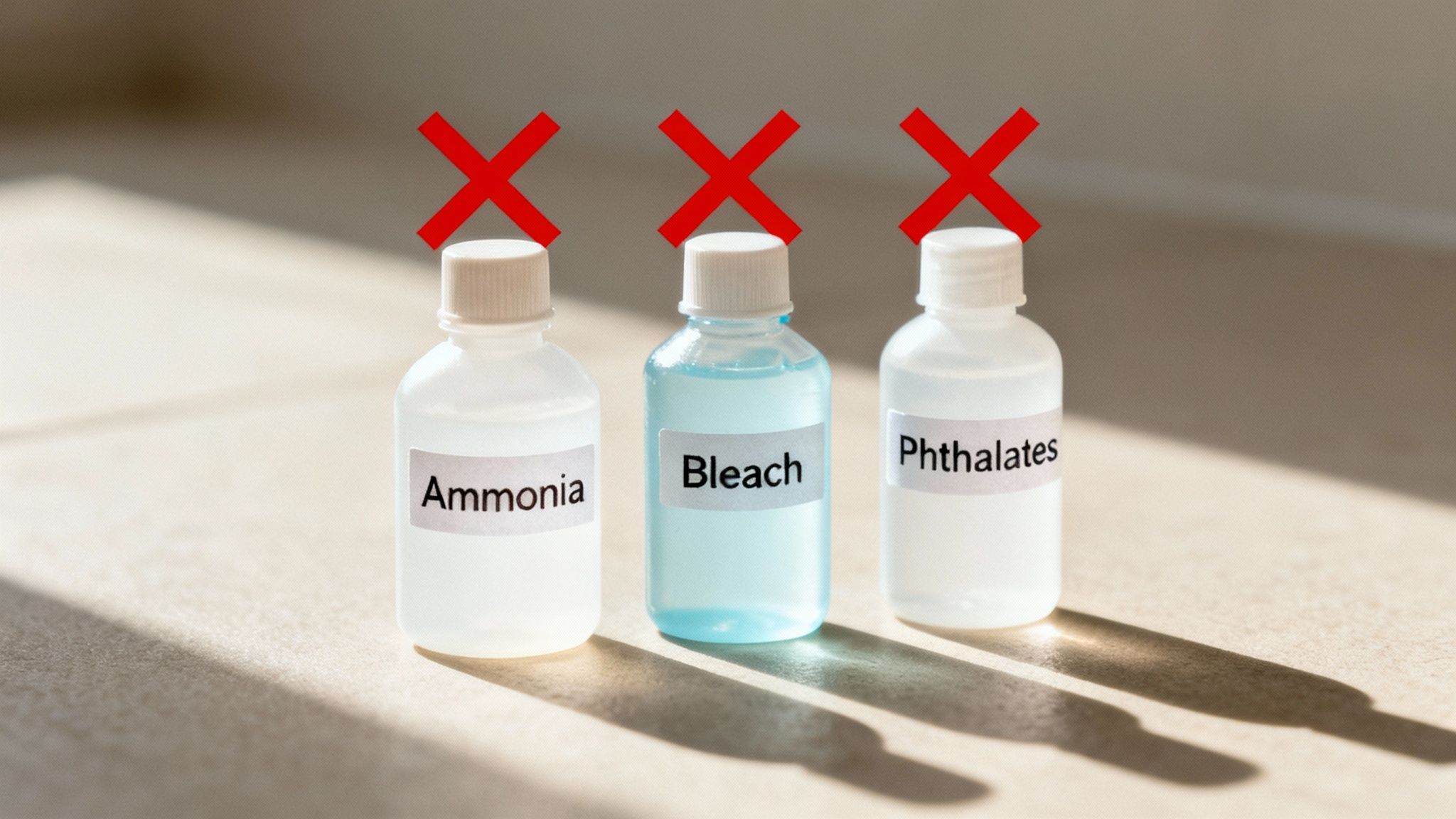 Three bottles labeled Ammonia, Bleach, and Phthalates, each marked with a red X, indicating toxic chemicals to avoid.