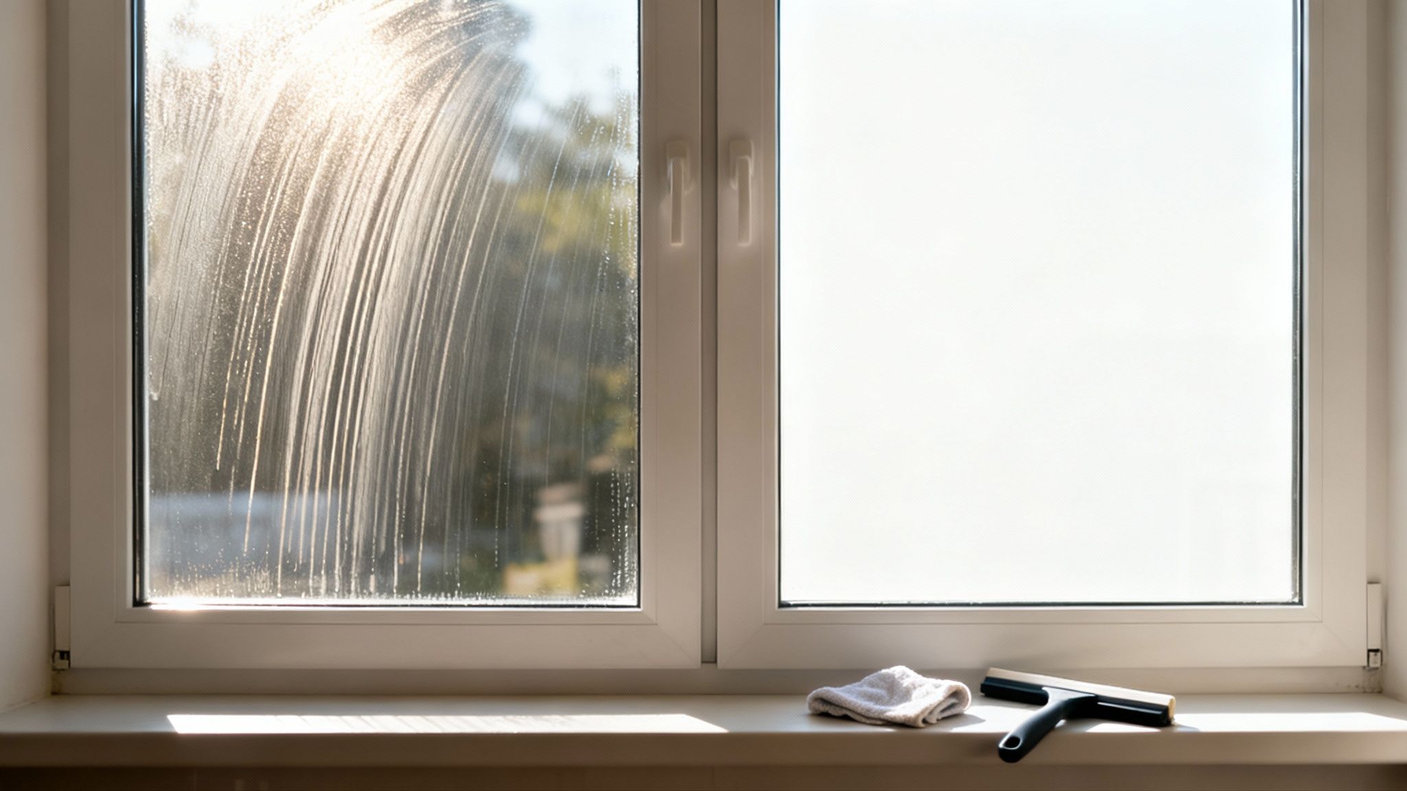 Window squeegee and cleaning cloth on sill beside freshly cleaned streak-free glass pane