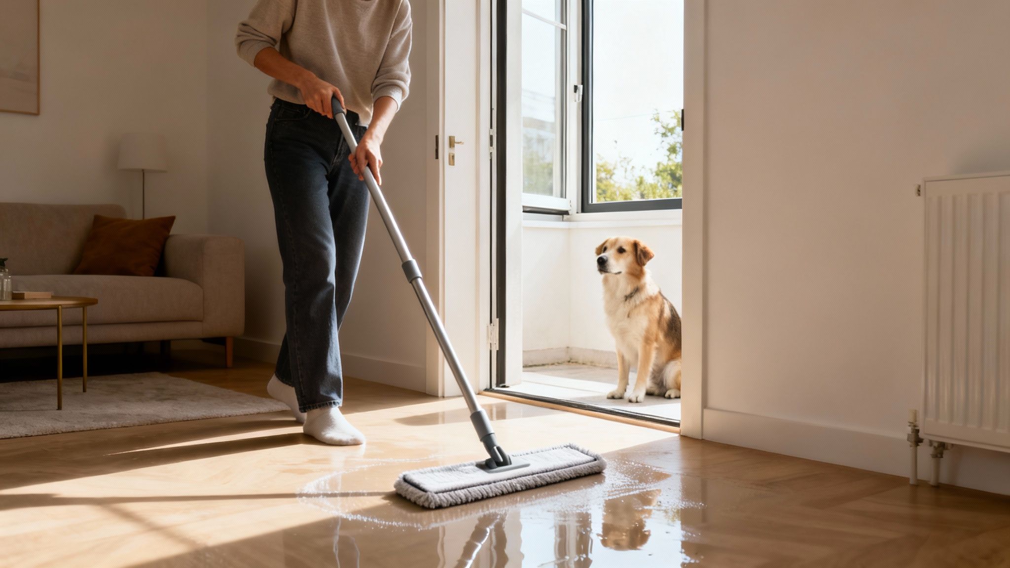 A person cleans a wet wooden floor with a mop, as a dog sits near an open door.