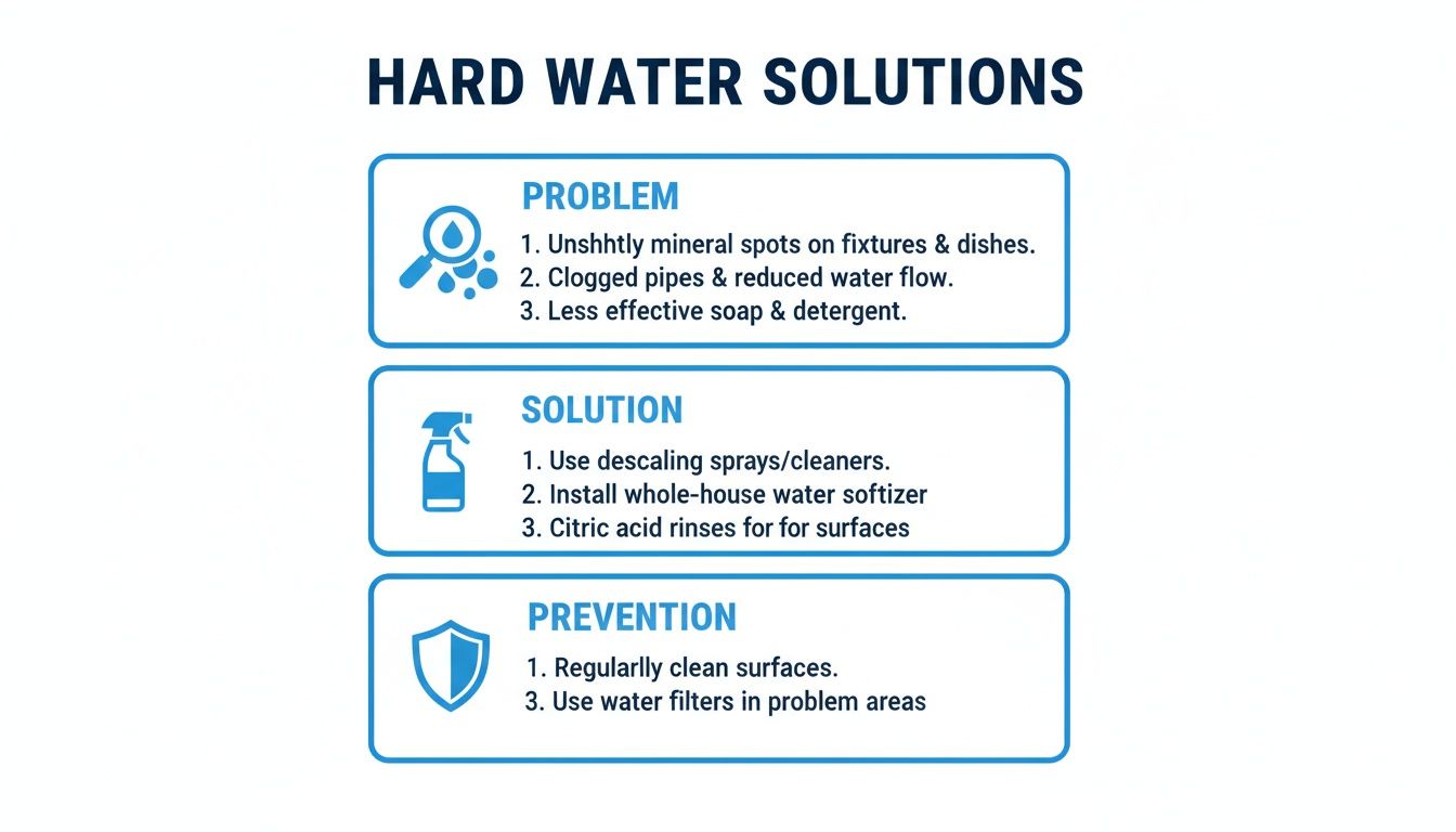 An infographic detailing hard water problems, solutions like softeners and descaling, and prevention tips.