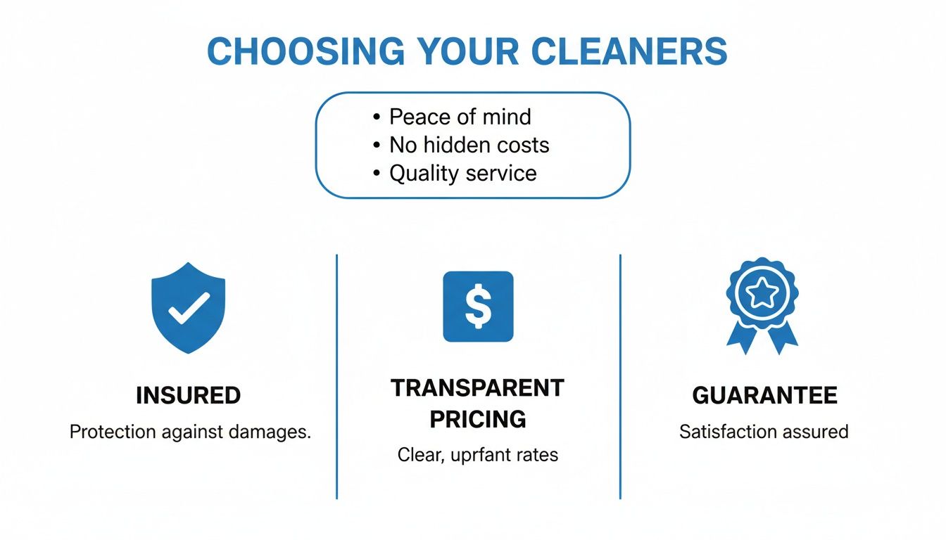 A graphic outlining the benefits of professional cleaning services, including insurance, clear pricing, and a guarantee.