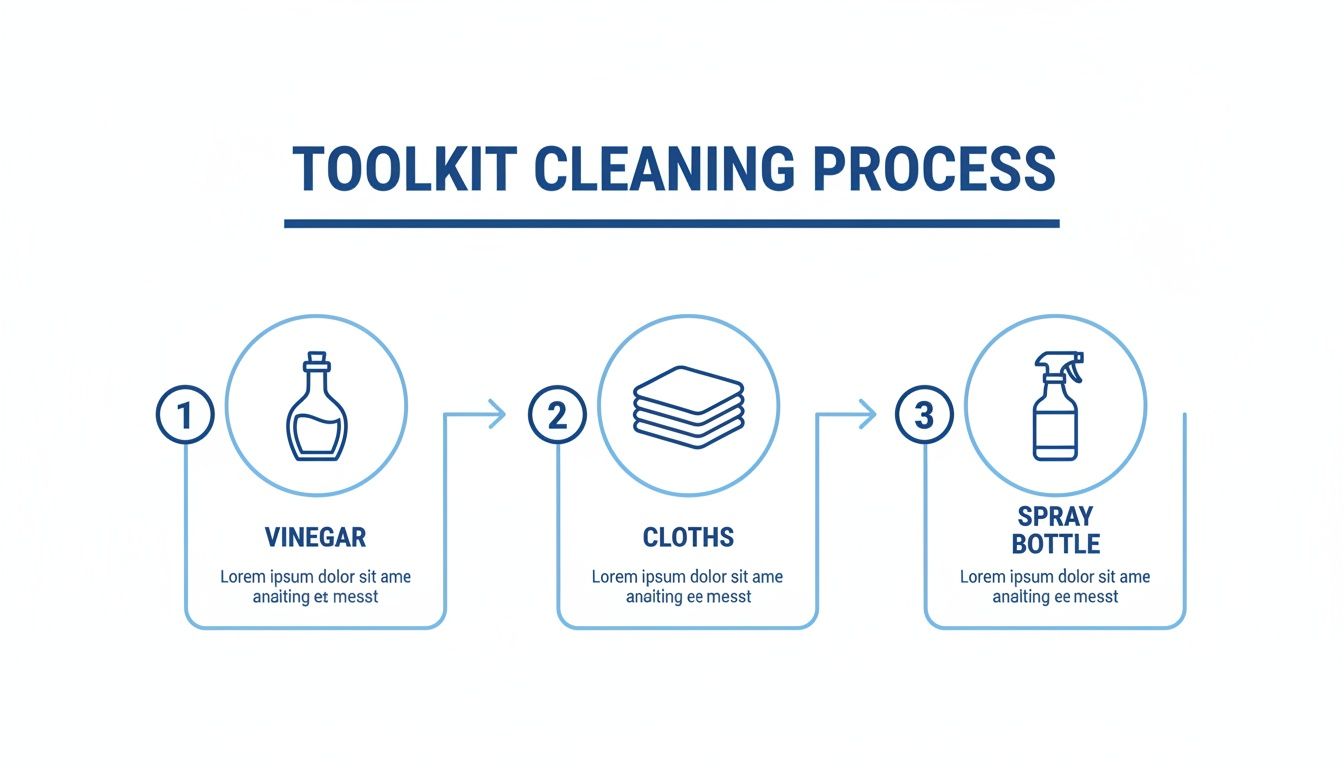 A visual guide illustrating a three-step toolkit cleaning process, featuring vinegar, cloths, and a spray bottle.