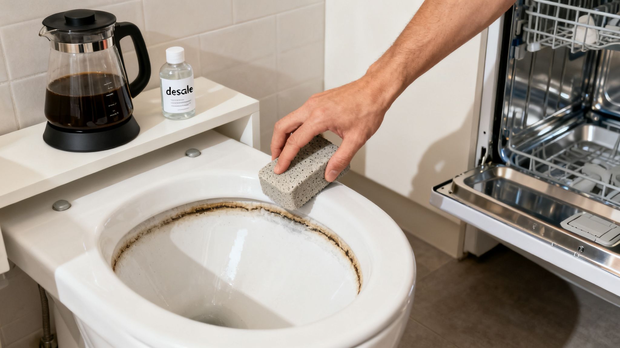 A person's hand cleans a toilet bowl with a sponge, removing severe hard water stains.