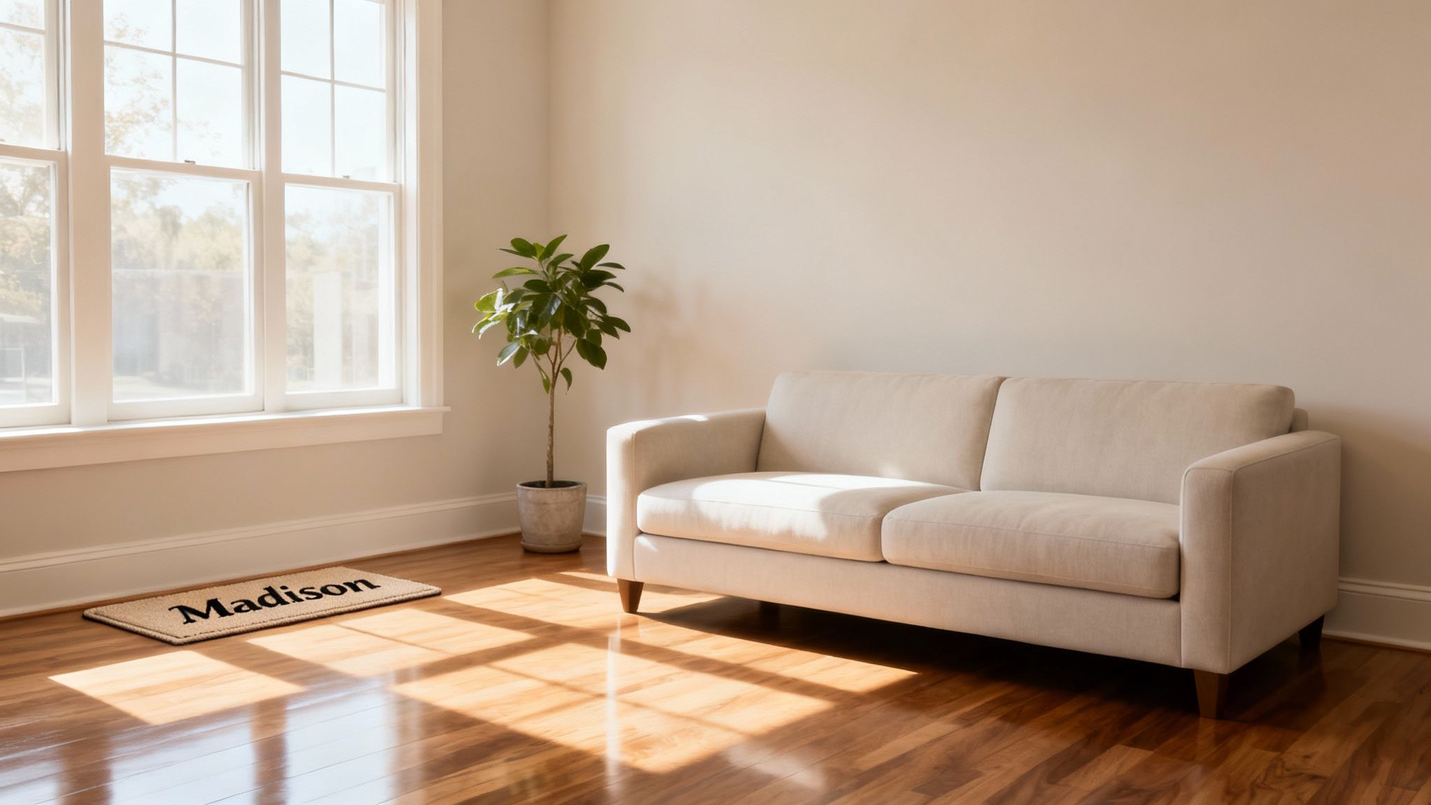 A bright living room with a beige sofa, potted plant, and 'Madison' welcome mat by a sunny window.