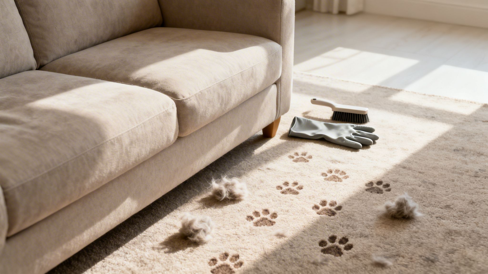 Pet hair clumps on a paw print carpet next to a beige sofa with a brush and glove.