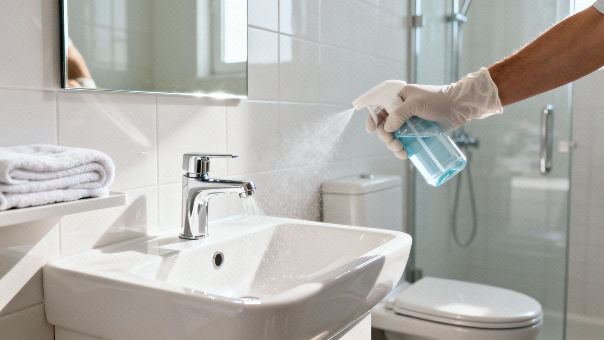 A gloved hand sprays blue disinfectant liquid onto a white bathroom sink with running water.