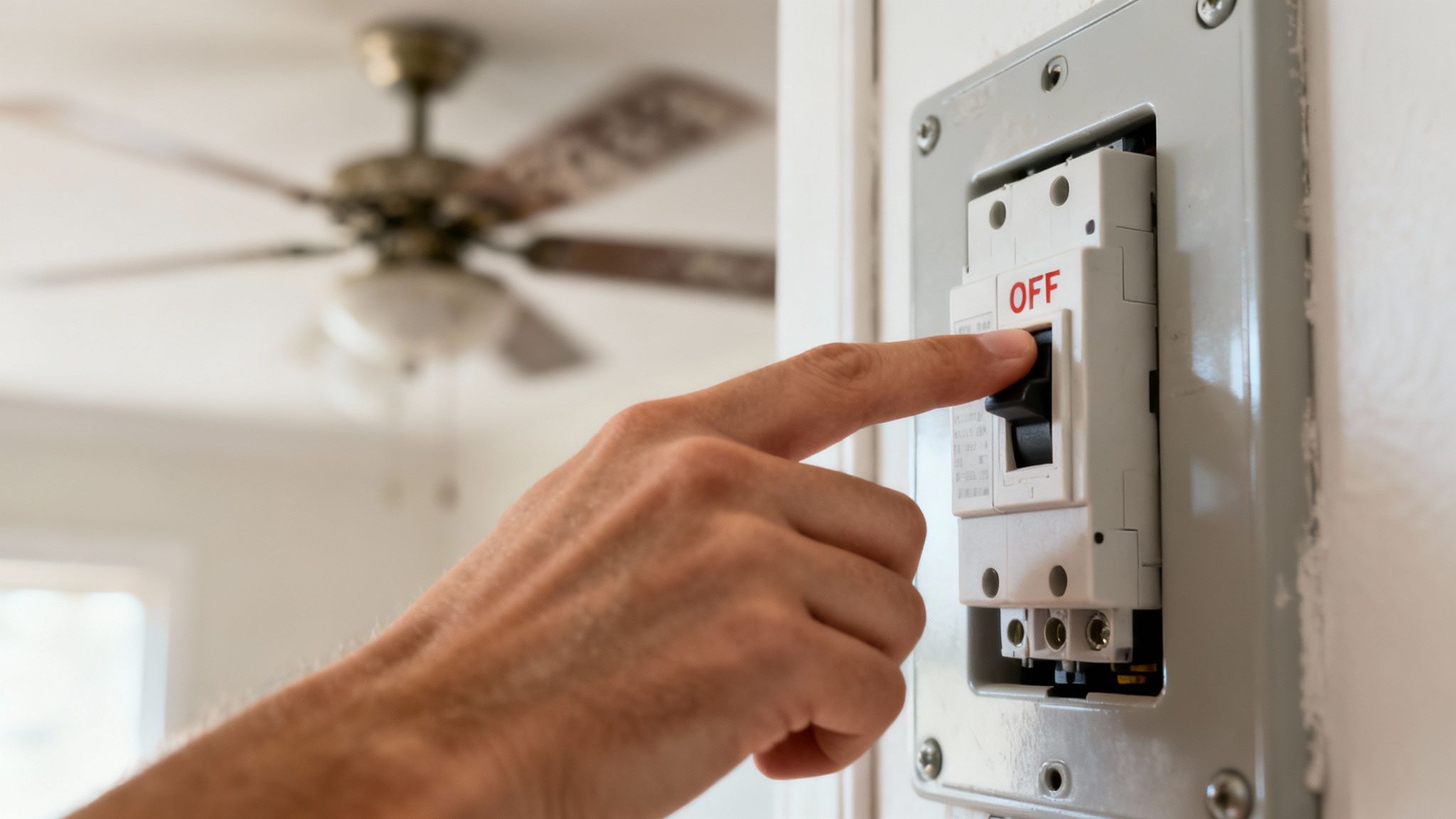 A person's hand switches off a white circuit breaker on a wall, with a ceiling fan in the background.
