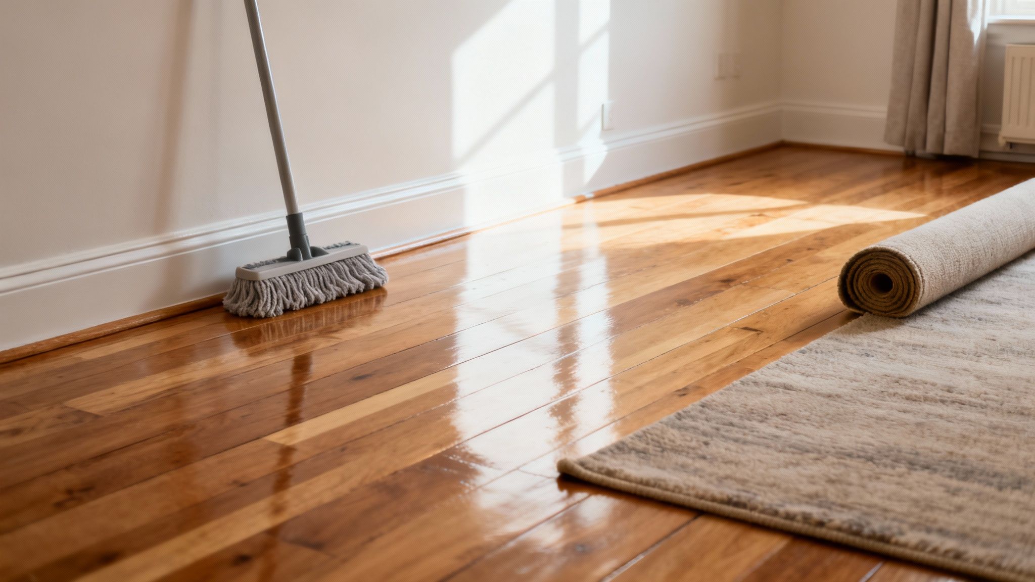 Shiny wooden floor in a sunny room with a mop leaning against the wall and a rolled-up beige rug.