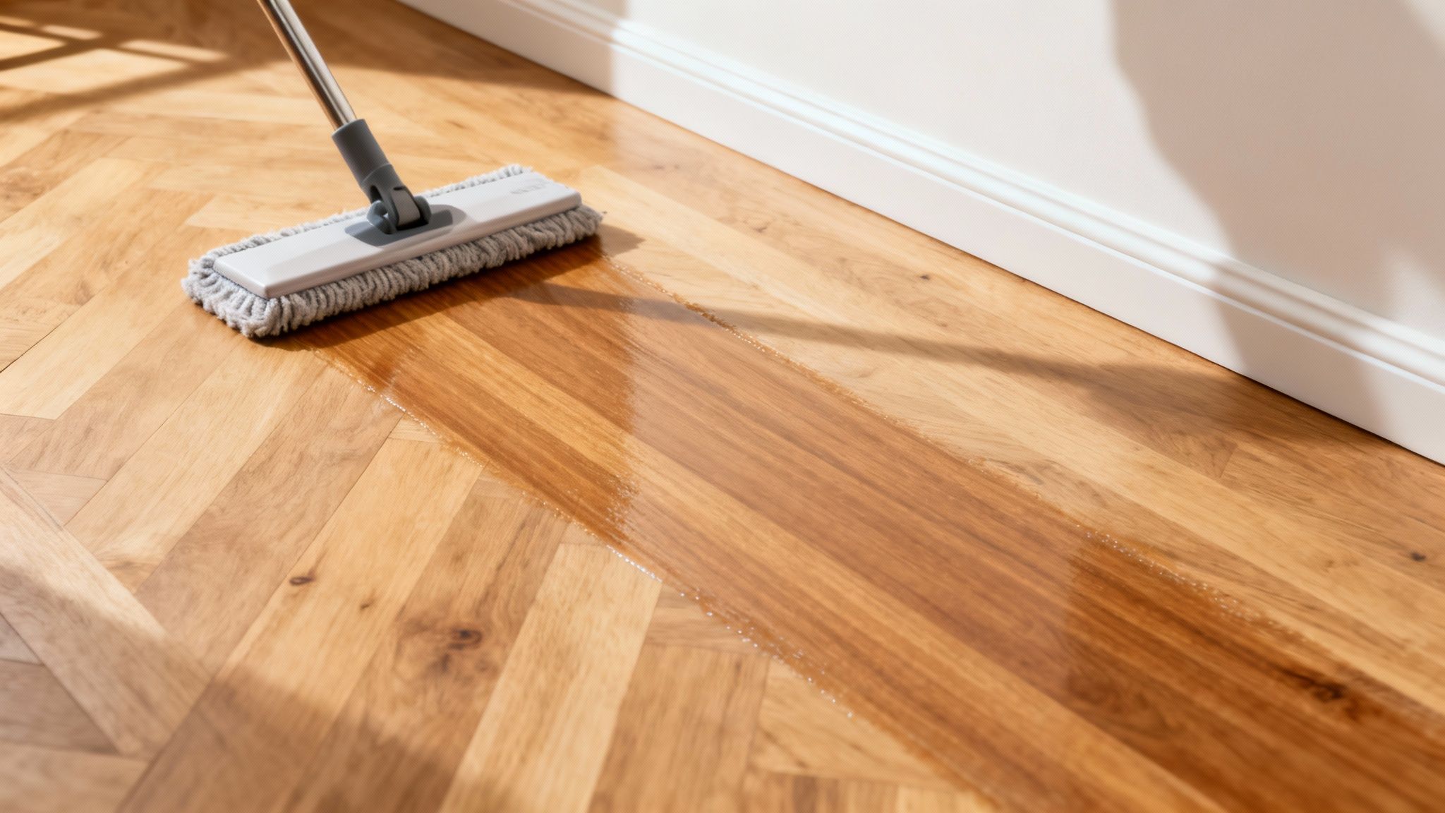 A mop cleaning a wet wooden floor with a herringbone pattern next to a white baseboard.