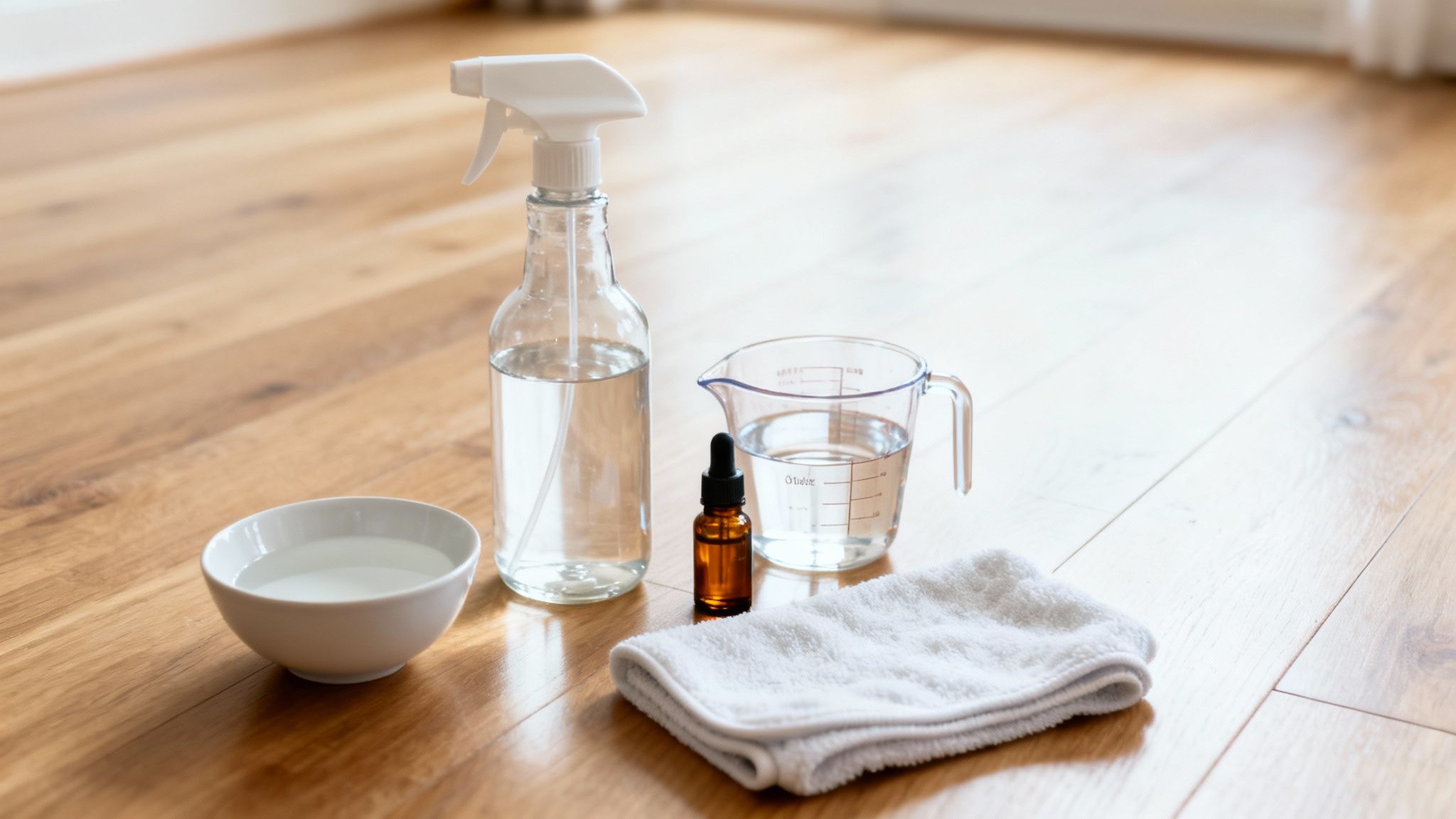 Ingredients for a DIY non-toxic hardwood floor cleaner, including a spray bottle, measuring cup, essential oil, and cloth.