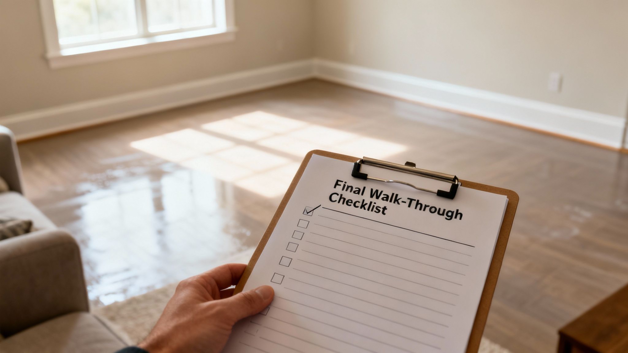 A hand holds a 'Final Walk-Through Checklist' clipboard in an empty room with hardwood floors.