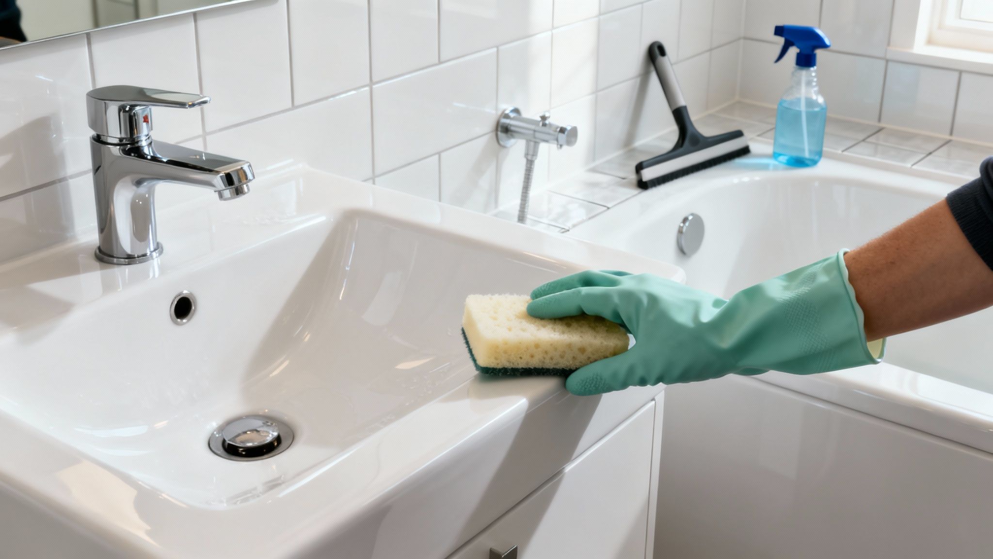 A person wearing green gloves is cleaning a white bathroom sink with a sponge.