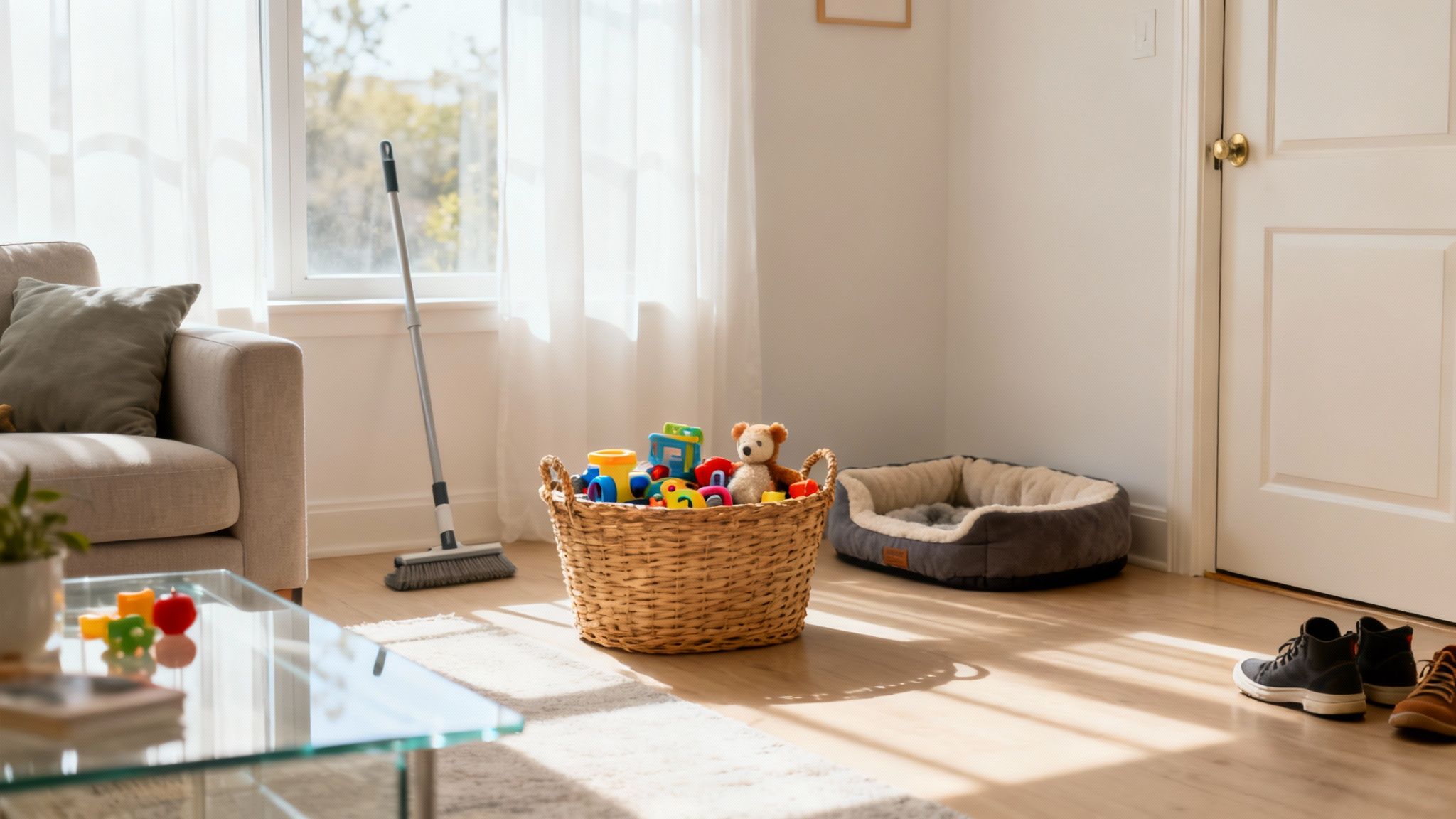 A sunlit living room features a toy basket, pet bed, and a broom, indicating a well-maintained home.