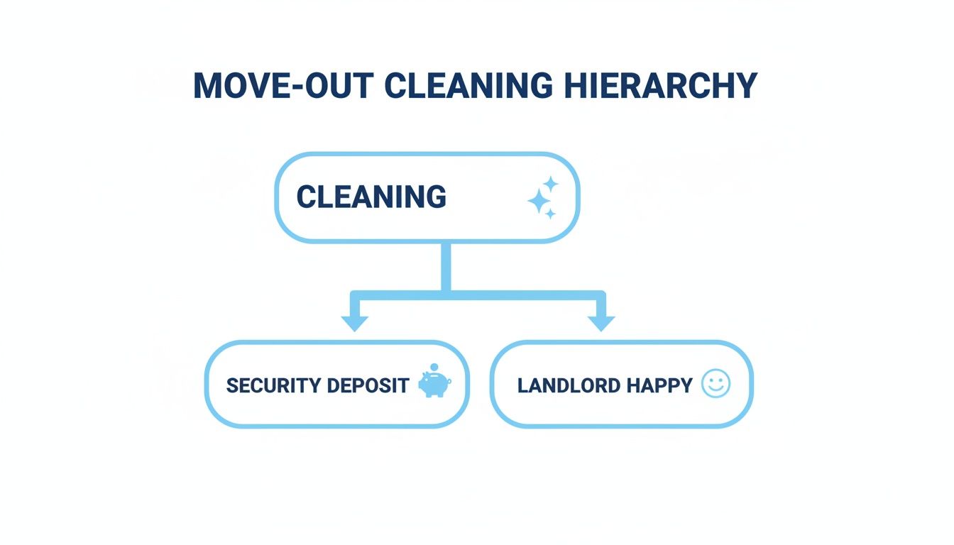 A move-out cleaning hierarchy diagram showing that cleaning leads to security deposit return and a happy landlord.