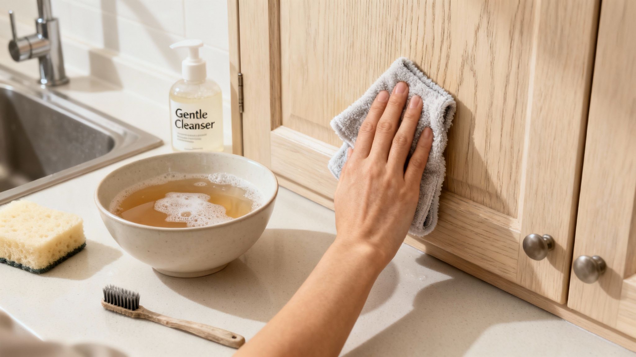 A person cleaning wooden kitchen cabinets with a cloth, with cleaning supplies on the counter.