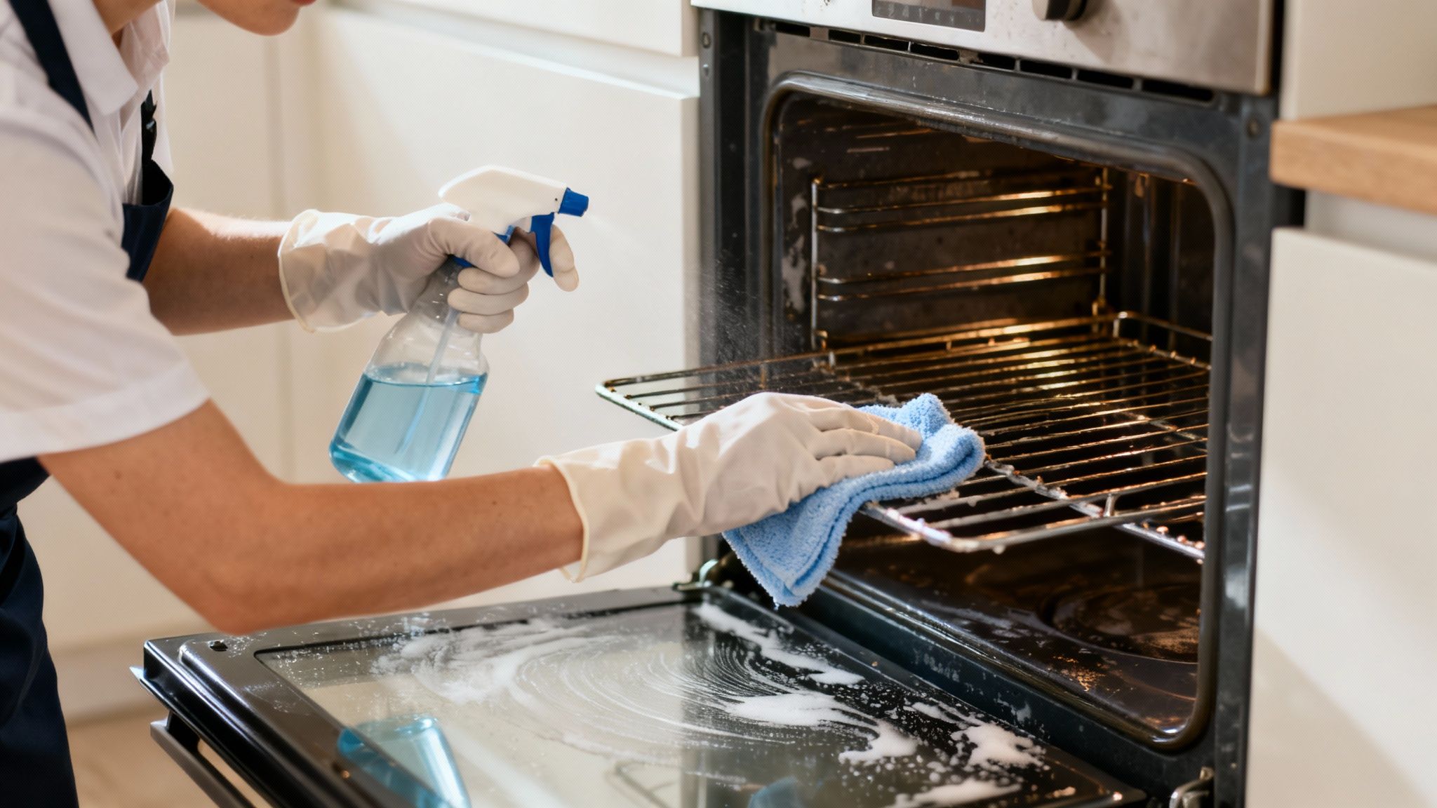 Person wearing white gloves cleaning a dirty oven with a spray bottle and blue cloth.