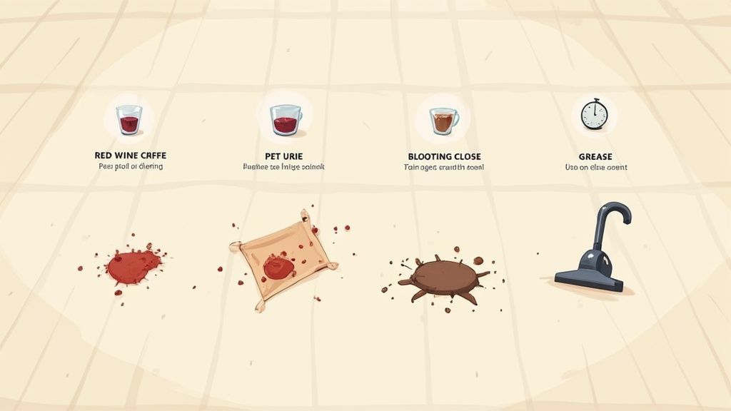 A person blotting a red wine stain on a light-colored carpet with a white cloth.