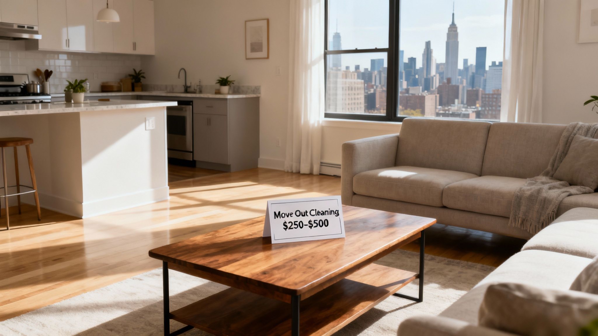A professional cleaner wiping down a clean kitchen counter.