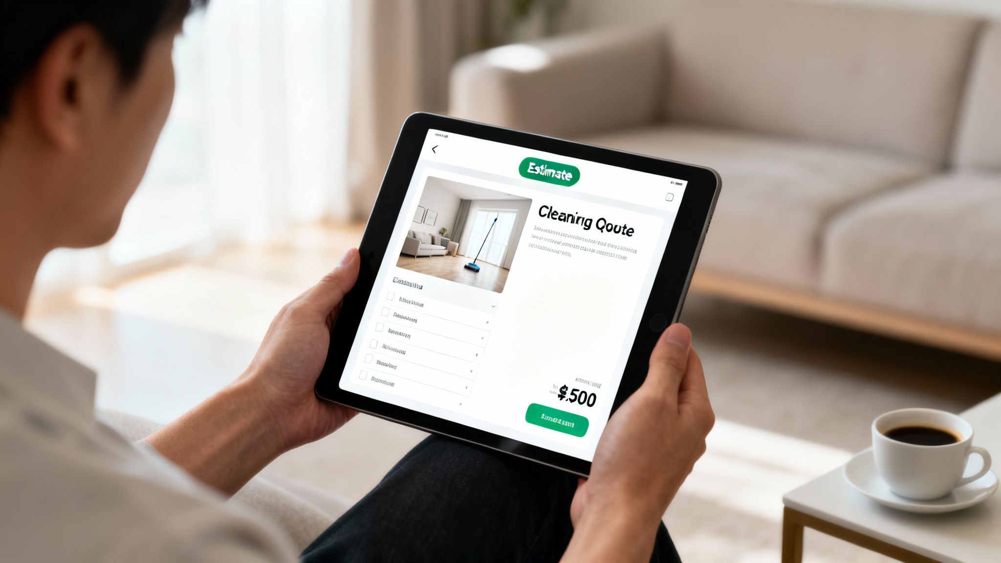 A person holds a tablet displaying a cleaning service app with a quote of $500 for house cleaning.