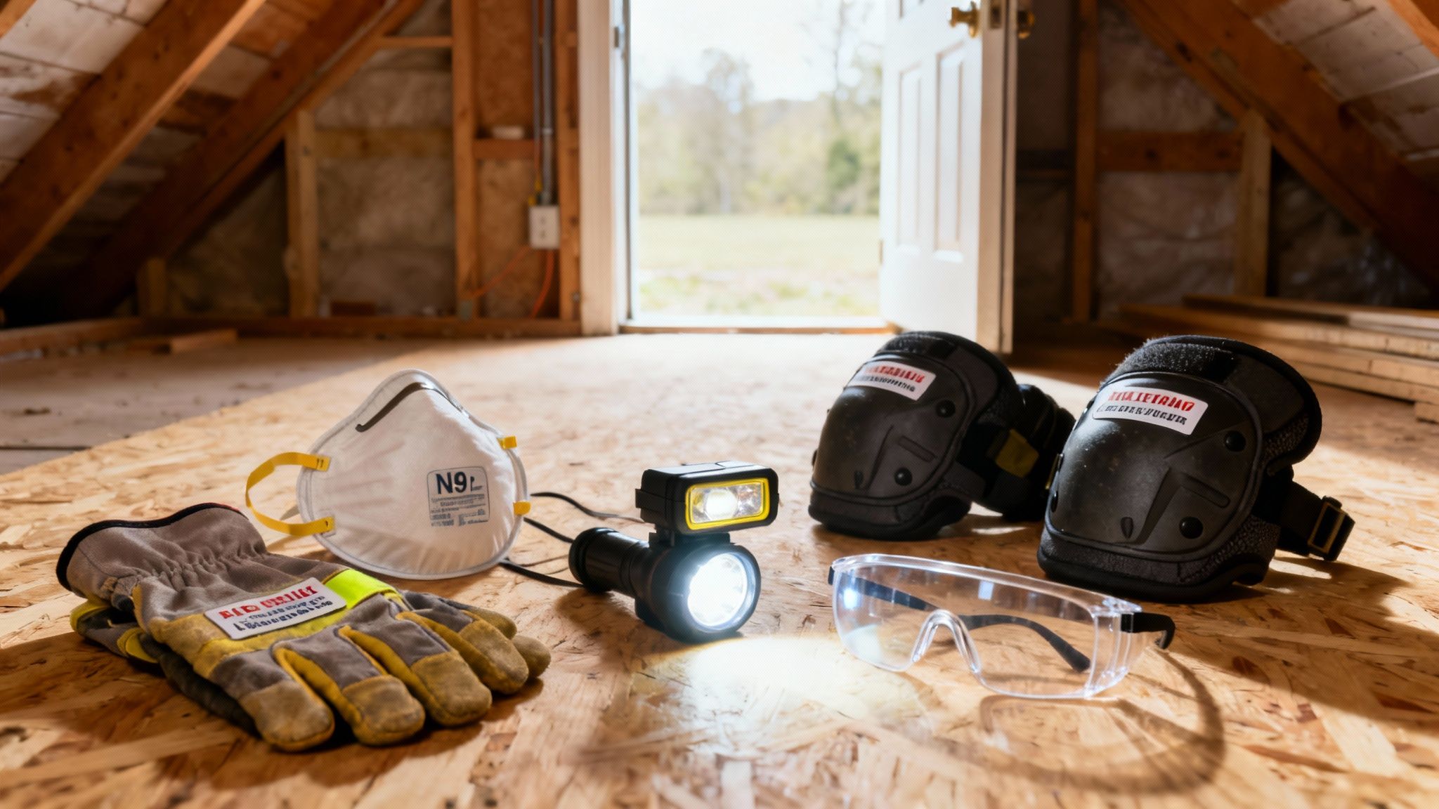 Essential safety gear including a face mask, gloves, knee pads, and safety glasses on an attic floor.