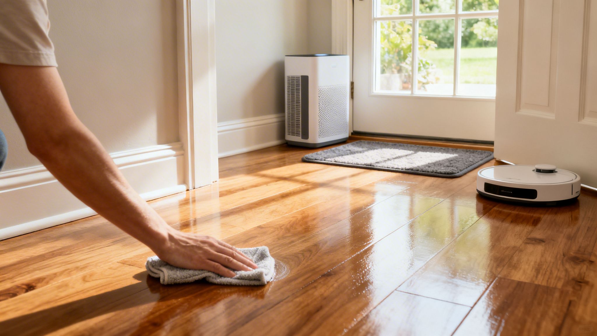 A person's hand wiping a shiny wooden floor with a gray cloth, next to an air purifier and a robot vacuum cleaner.