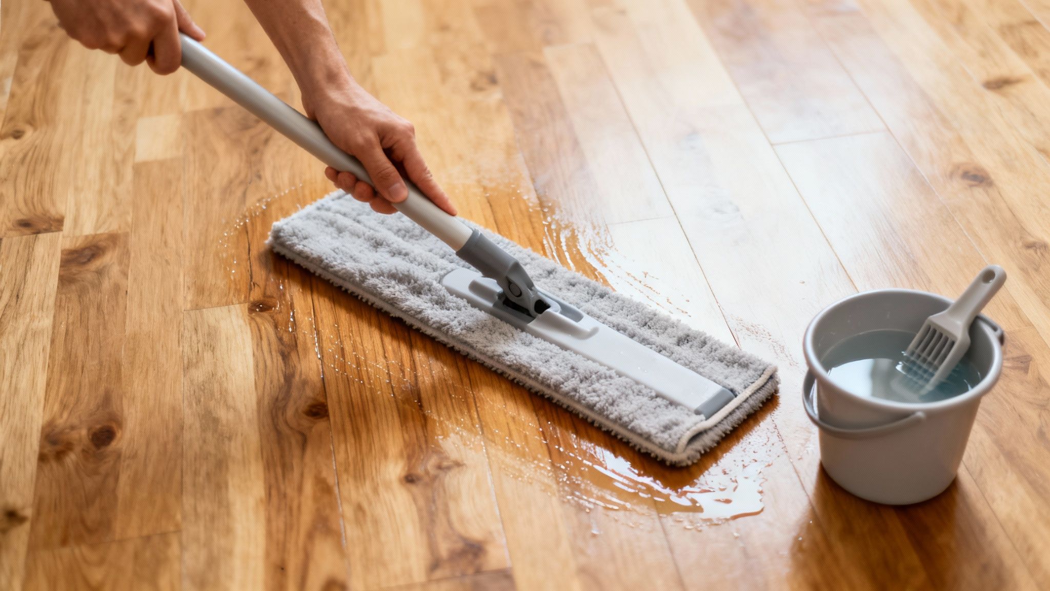A person mops a wooden floor, creating wet streaks. A bucket of water sits nearby.