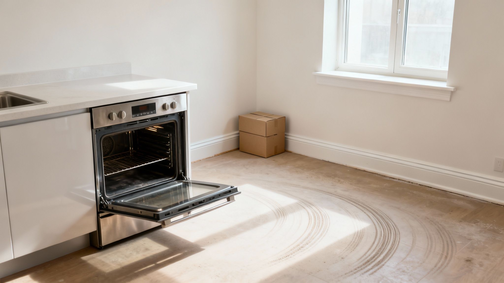 A modern, empty kitchen with an open stainless steel oven, a sink, and two cardboard boxes.